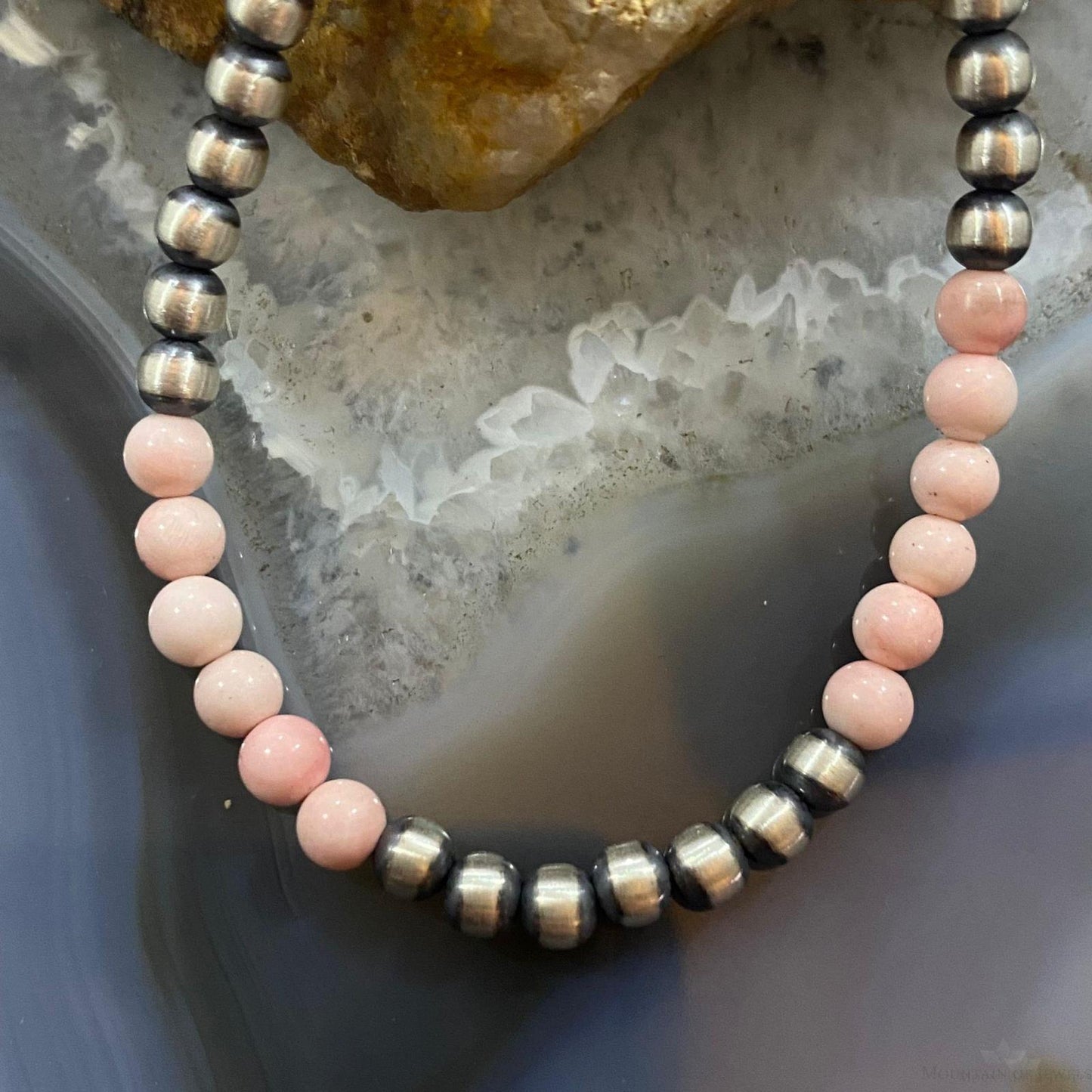 Native American Sterling 4mm Navajo Pearl 4.4mm Peruvian Opal Bead 16" Necklace
