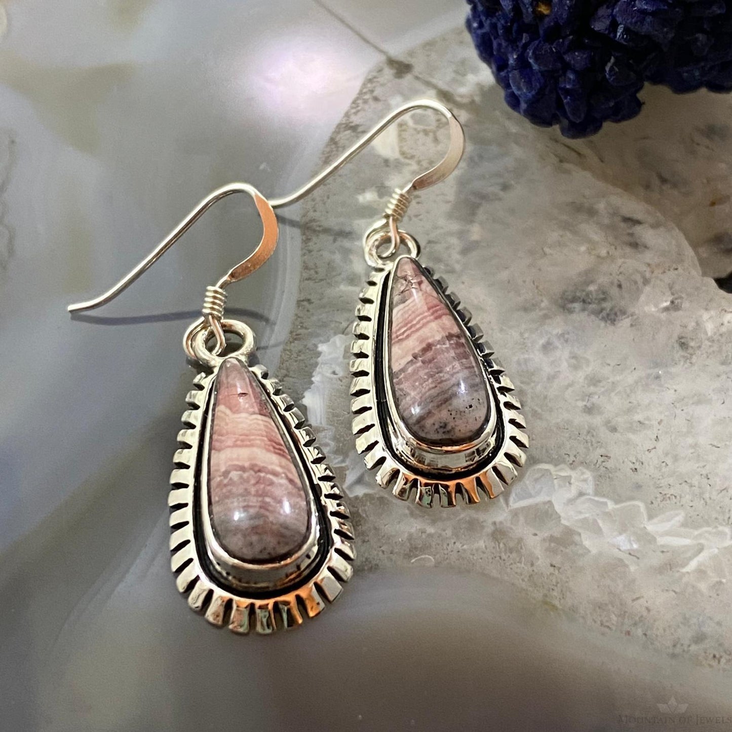 Native American Sterling Silver Teardrop Rhodochrosite Dangle Earrings For Women