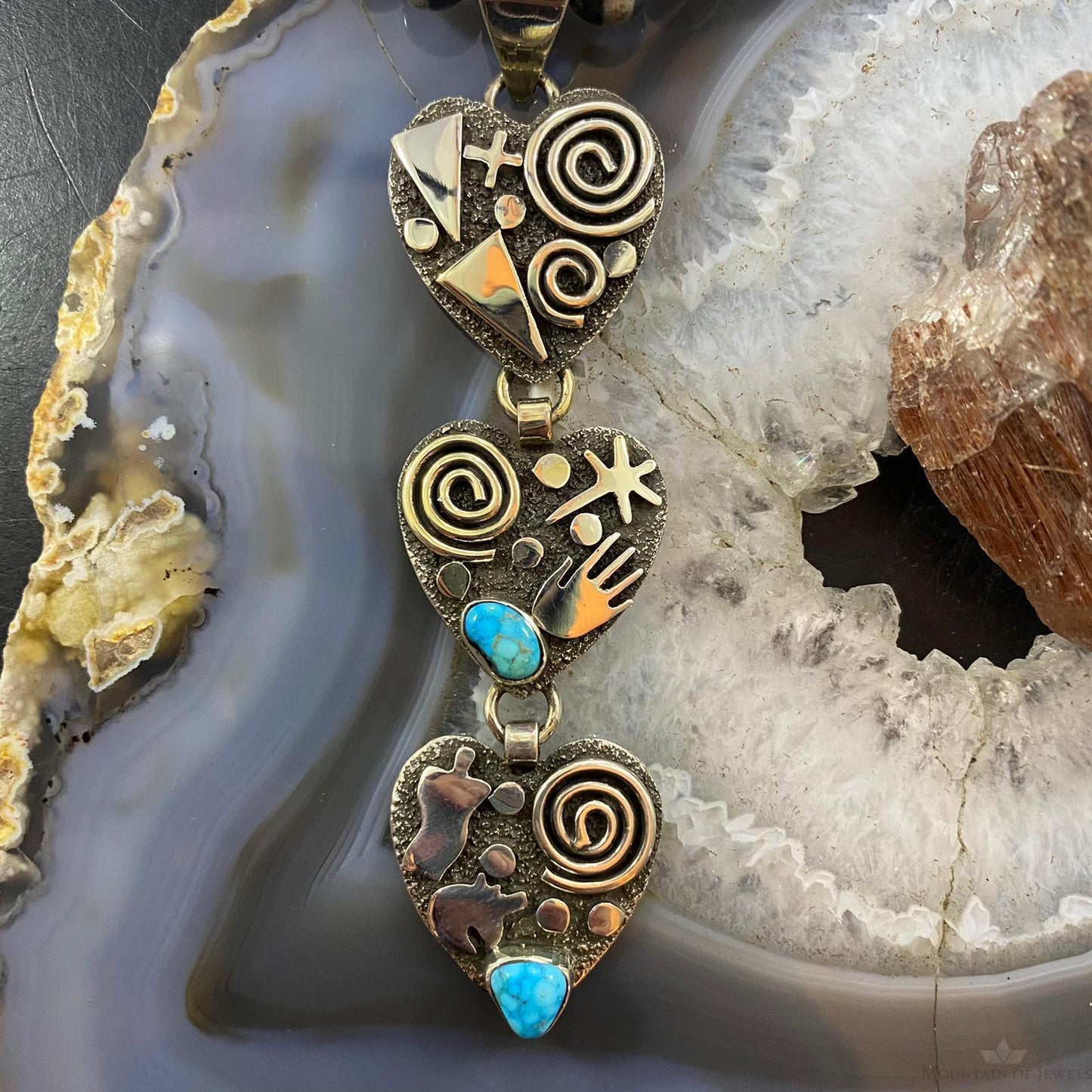 Alex Sanchez Native American Sterling Silver Triple Petroglyph Heart w/Turquoise Pendant For Women #5