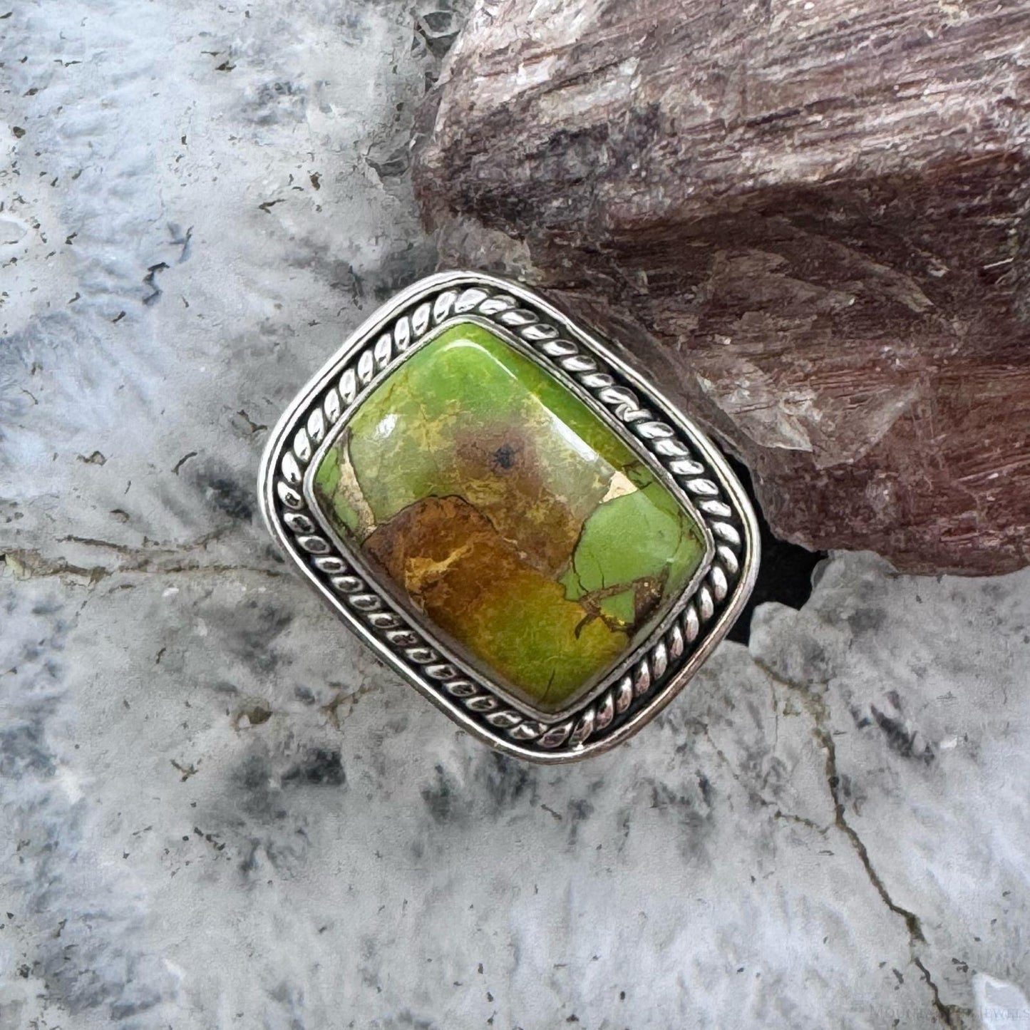 Sterling Southwestern Style Atlantisite & Green Copper Bar Ring Size 6.75 For Women