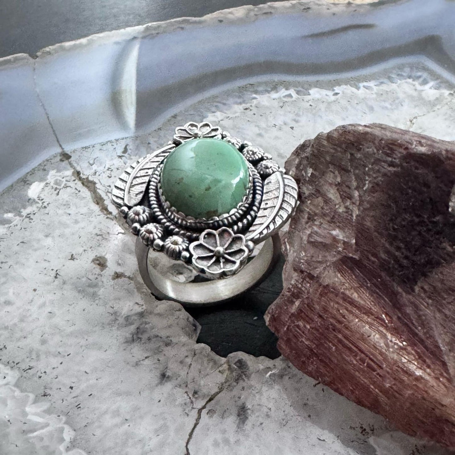 Sterling Silver Southwestern Style Oval Green Turquoise Adjustable Decorated Ring For Women
