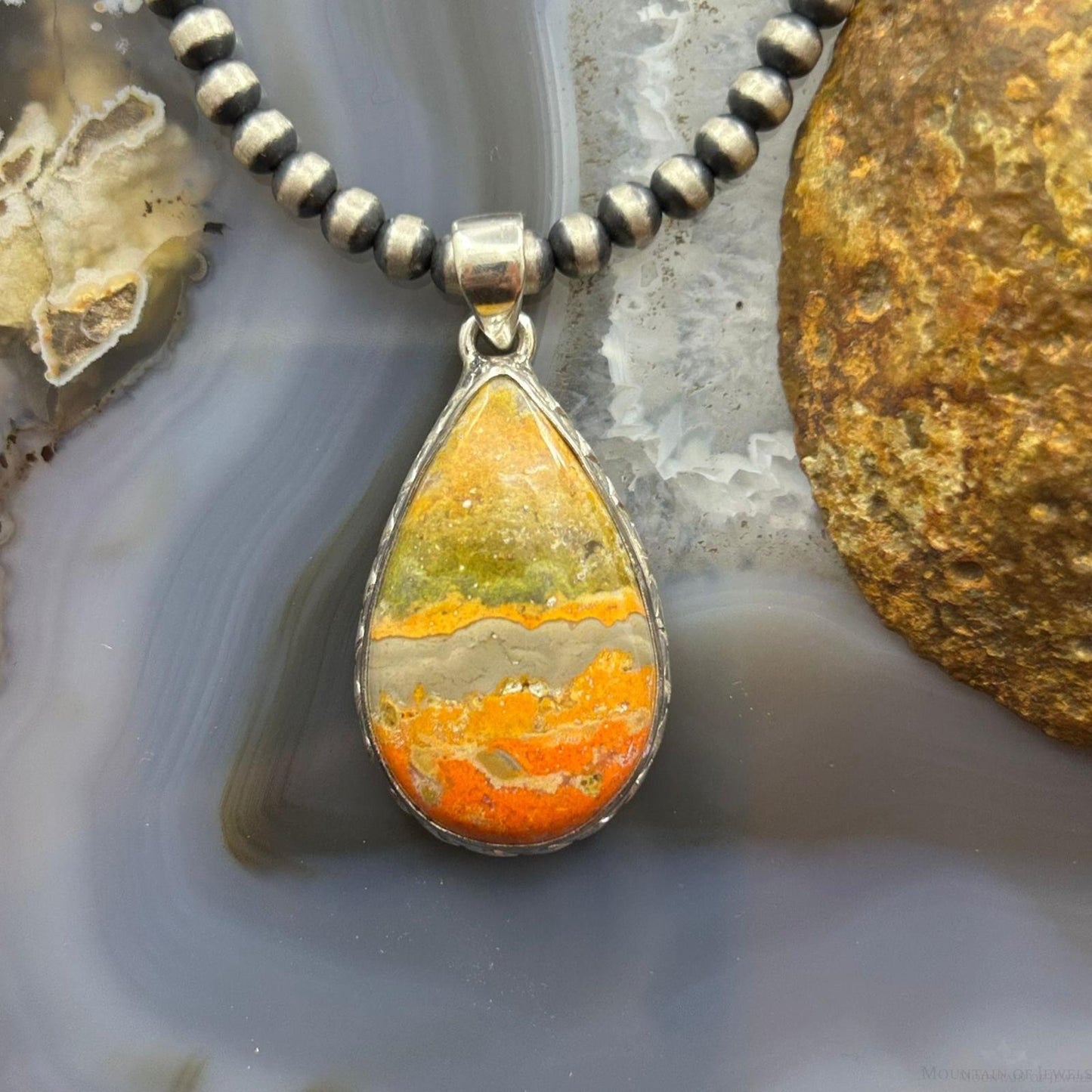 Sterling Southwestern Style Wide Teardrop Bumblebee Jasper Decorated Pendant