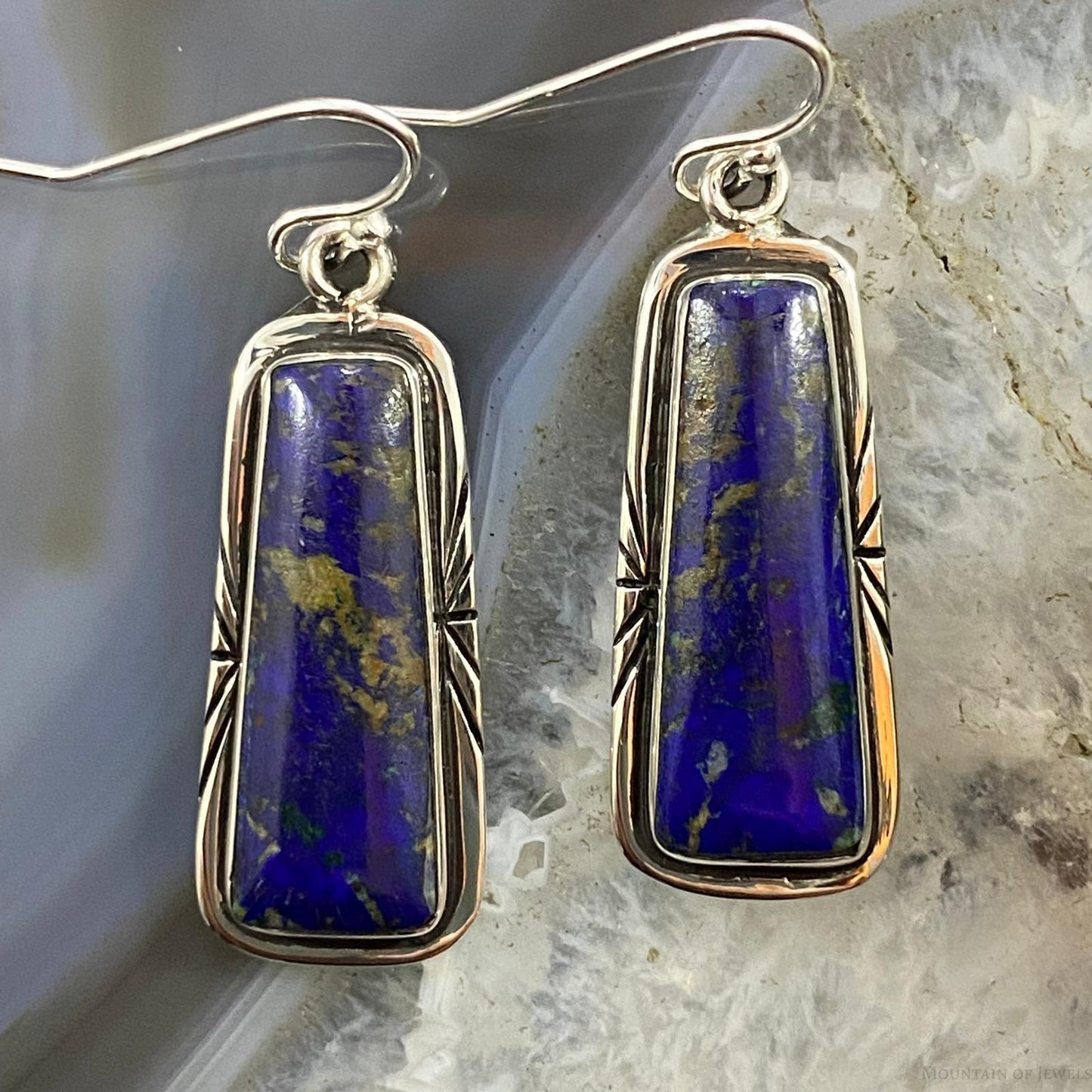 Native American Sterling Trapezoid Azurite Malachite Dangle Earrings For Women