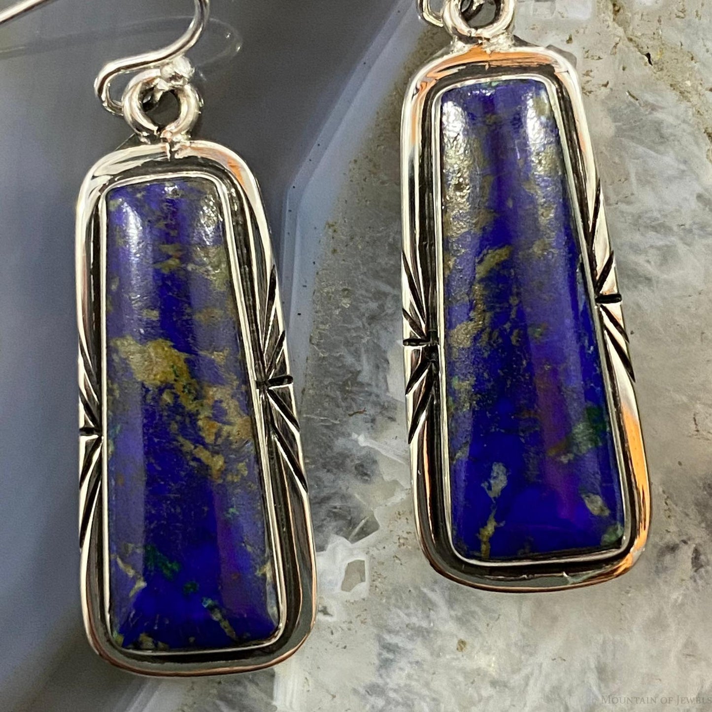 Native American Sterling Trapezoid Azurite Malachite Dangle Earrings For Women