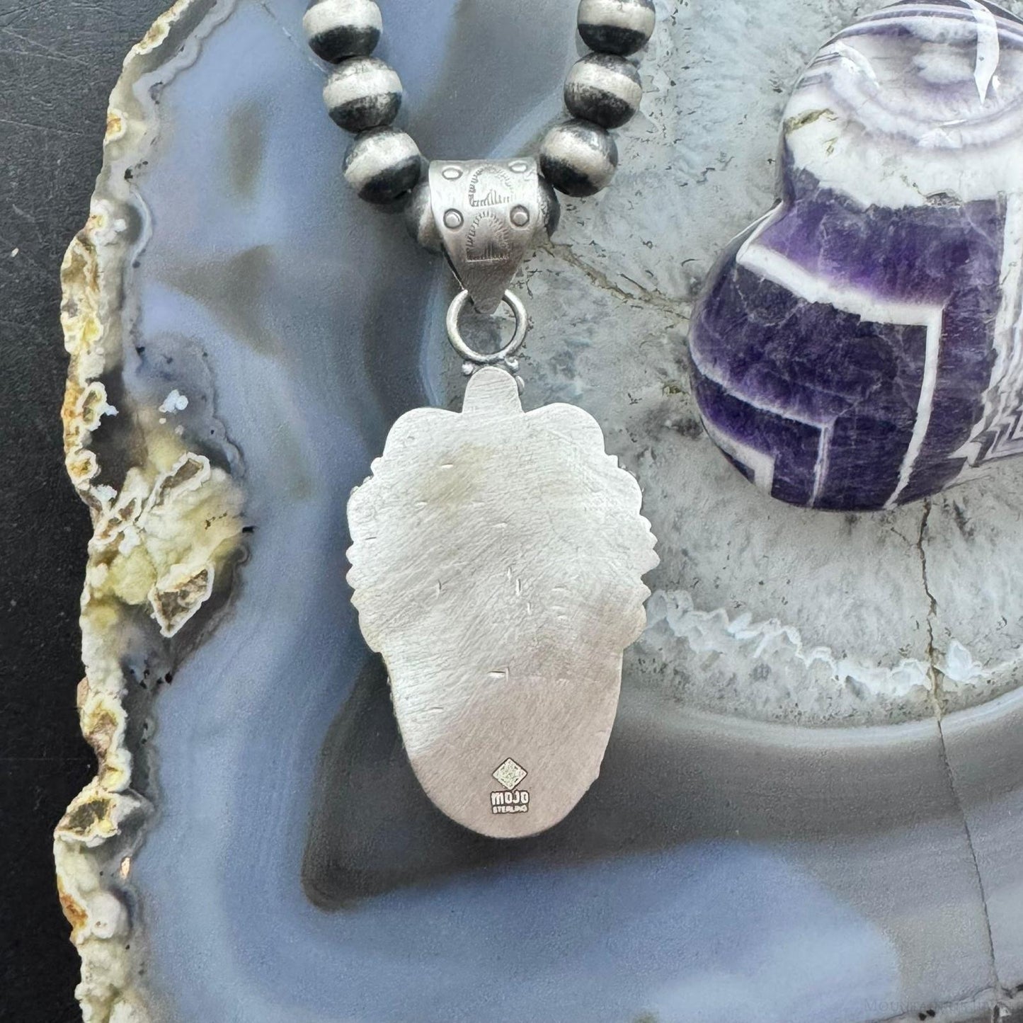 Sterling Silver Southwestern Style Elongated Oval Dendritic Agate Decorated Pendant For Women