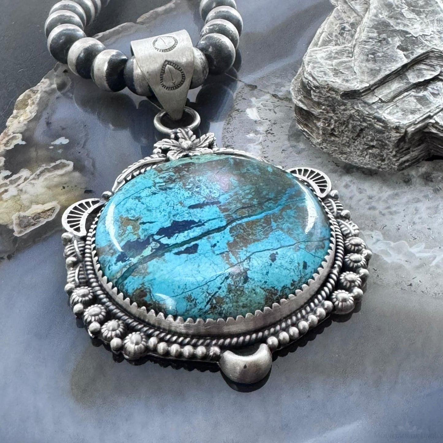 Sterling Silver Southwestern Style Large Round Chrysocolla Decorated Pendant For Women