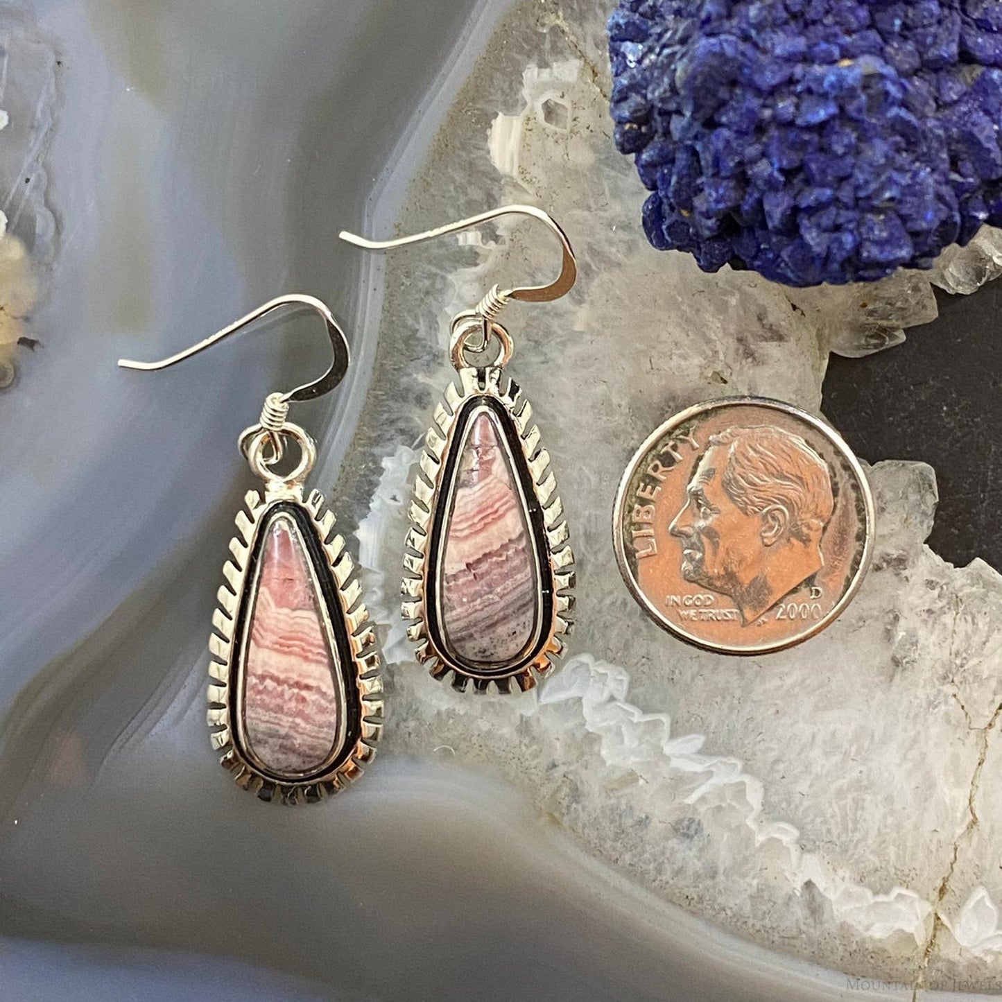 Native American Sterling Silver Teardrop Rhodochrosite Dangle Earrings For Women