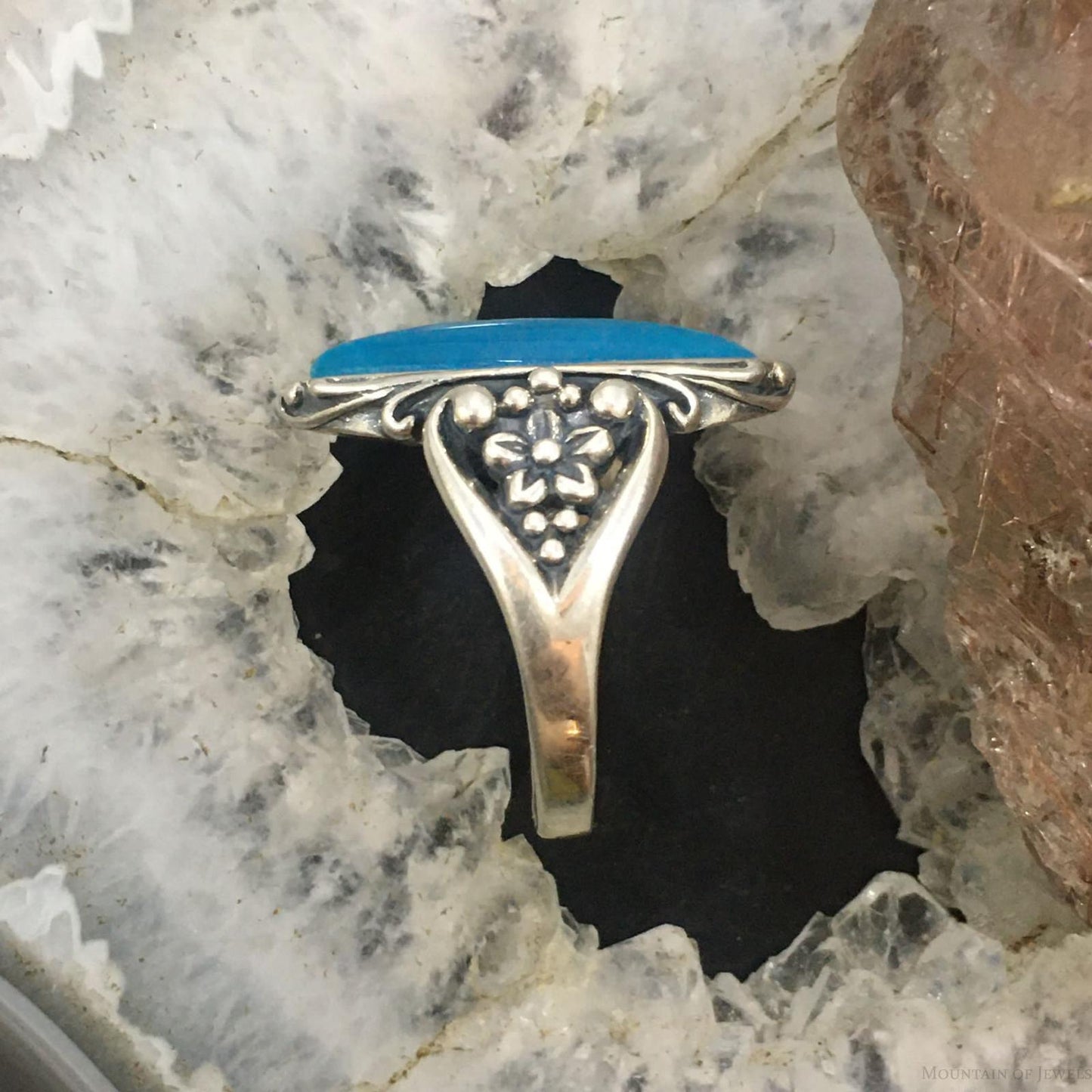 Carolyn Pollack Southwestern Style Sterling Silver Elongated Oval Turquoise Decorated Ring For Women