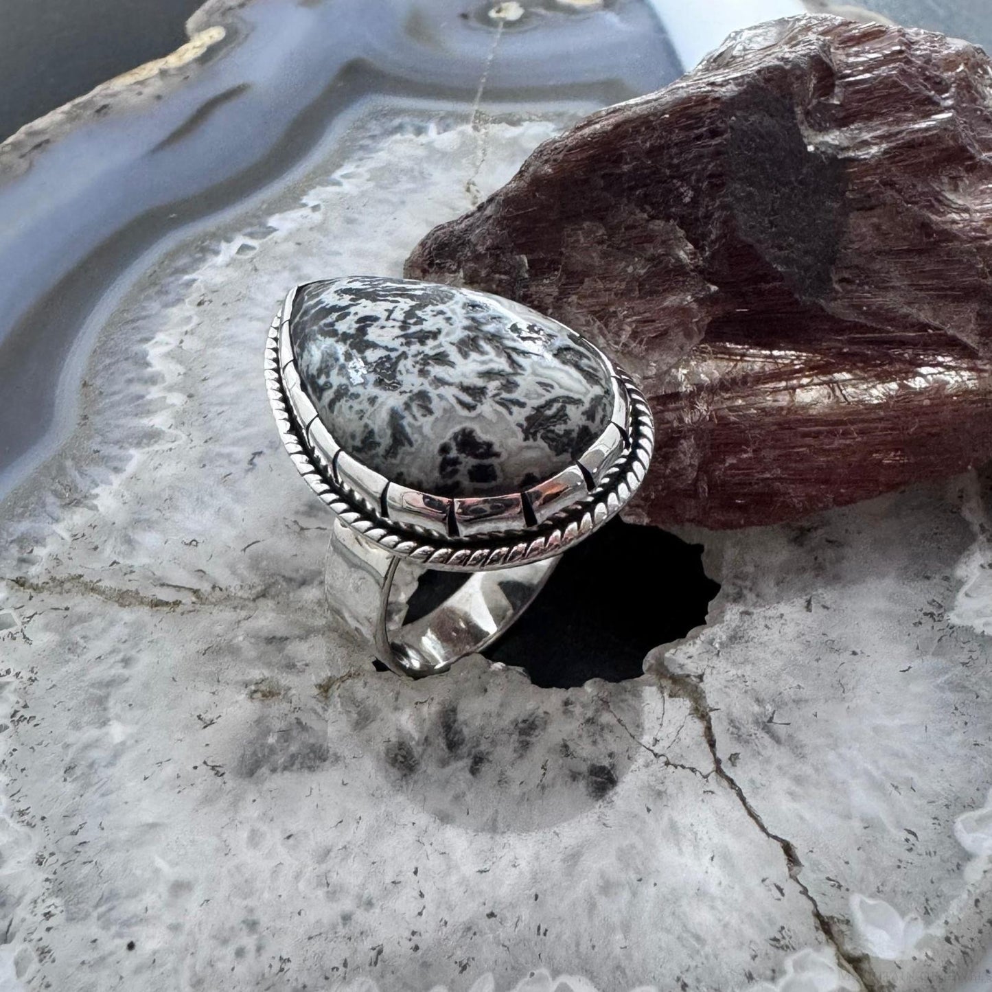 Sterling Silver Southwestern Style Teardrop Parral Dendritic Decorated Ring Size 10 For Women