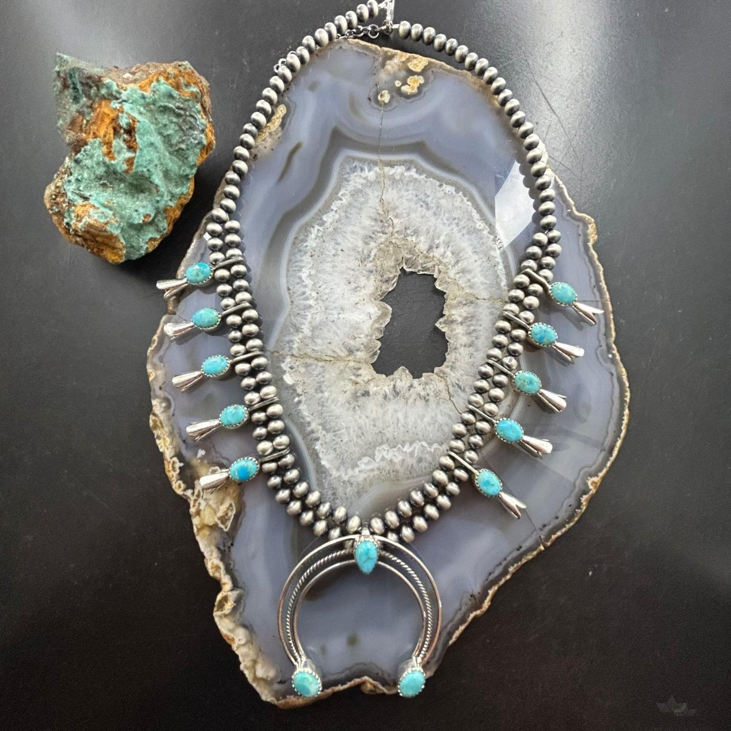 Sterling Silver Southwestern Style Turquoise Squash Blossom Necklace For Women