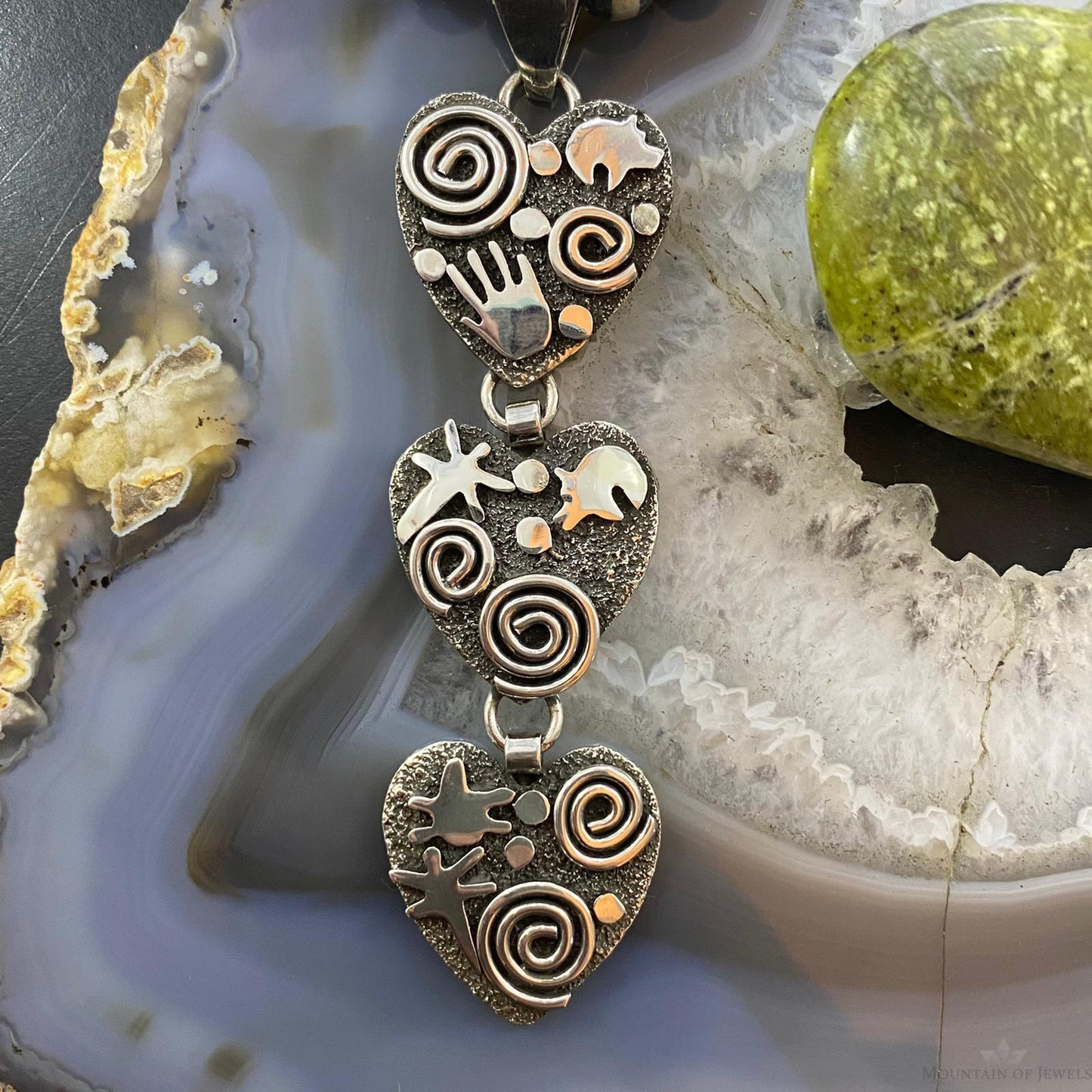 Alex Sanchez Native American Sterling Silver Petroglyph Triple Heart Pendant For Women