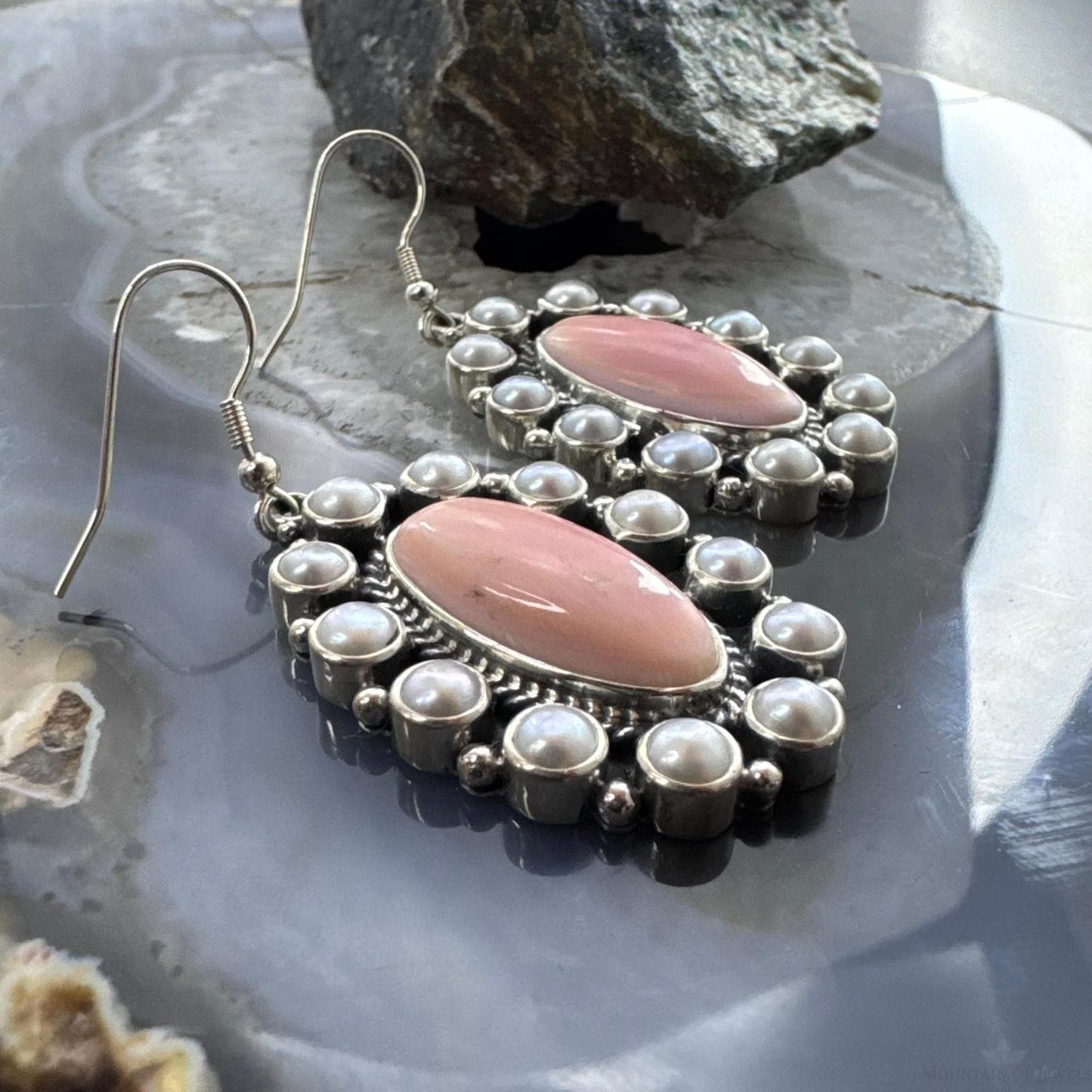 Native American Sterling Silver Oval Pink Conch w/Gray Pearls Dangle Earrings For Women