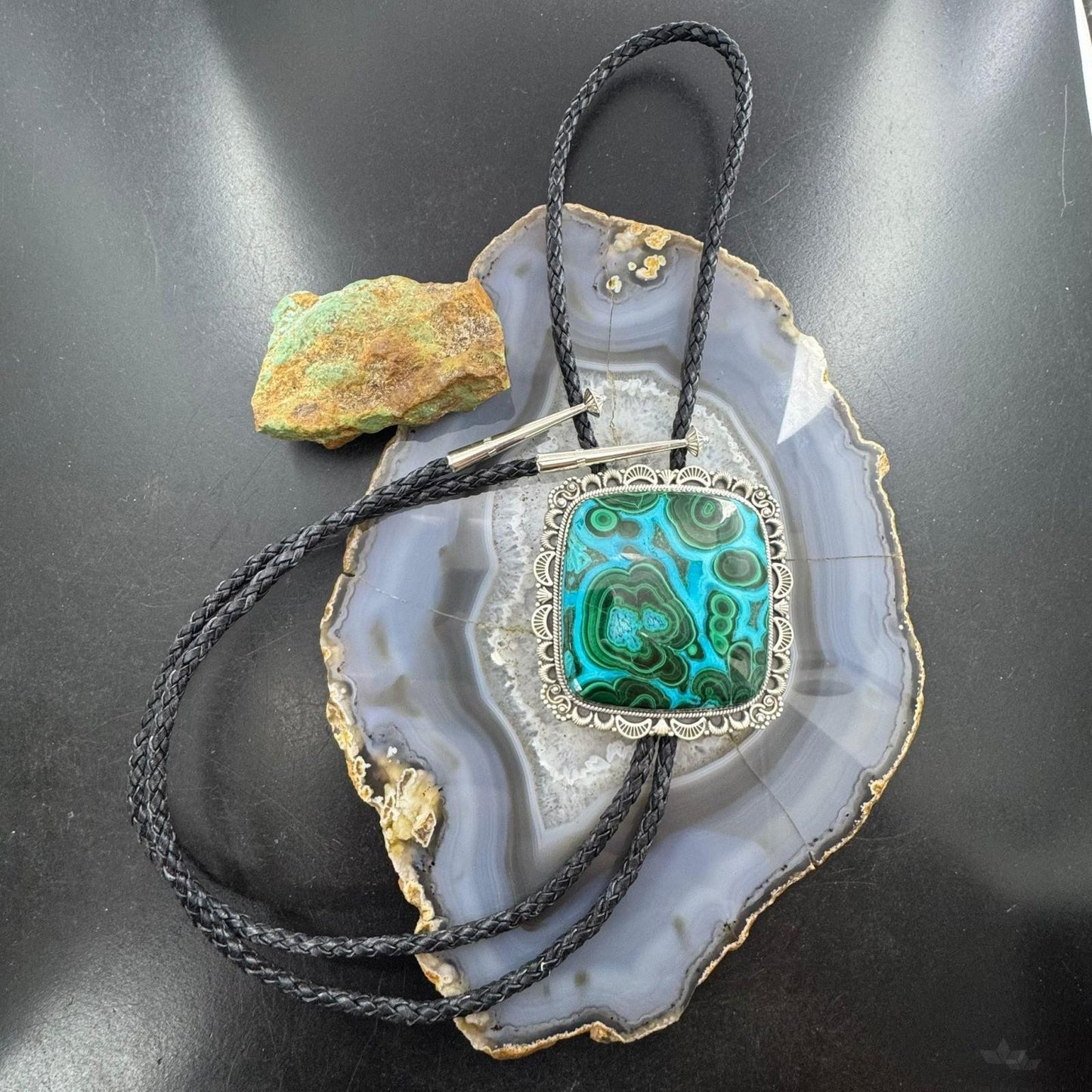 Sterling Silver Southwestern Style Square Azurite Malachite Bolo Tie For Men