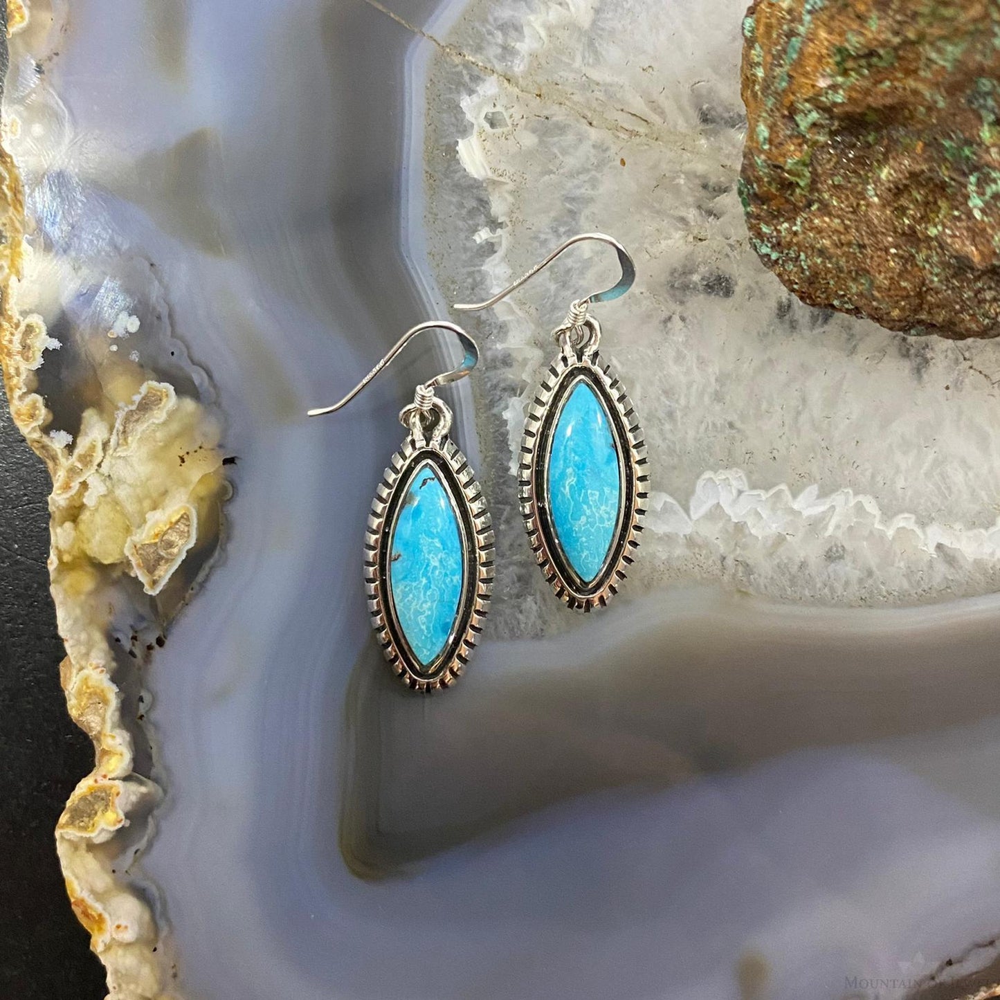 Native American Sterling Silver Marquise Blue Ridge Turquoise Dangle Earrings For Women #2