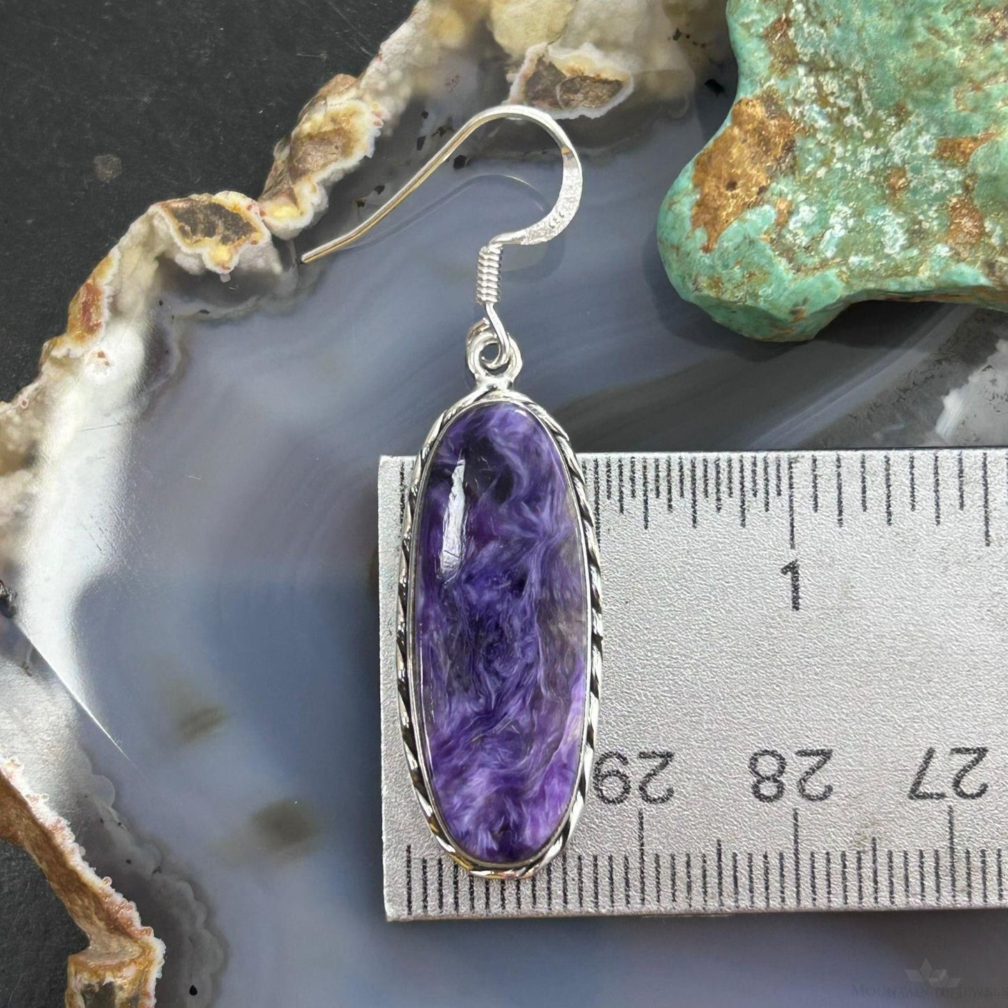Sterling Silver Southwestern Style Oval Charoite Dangle Earrings For Women