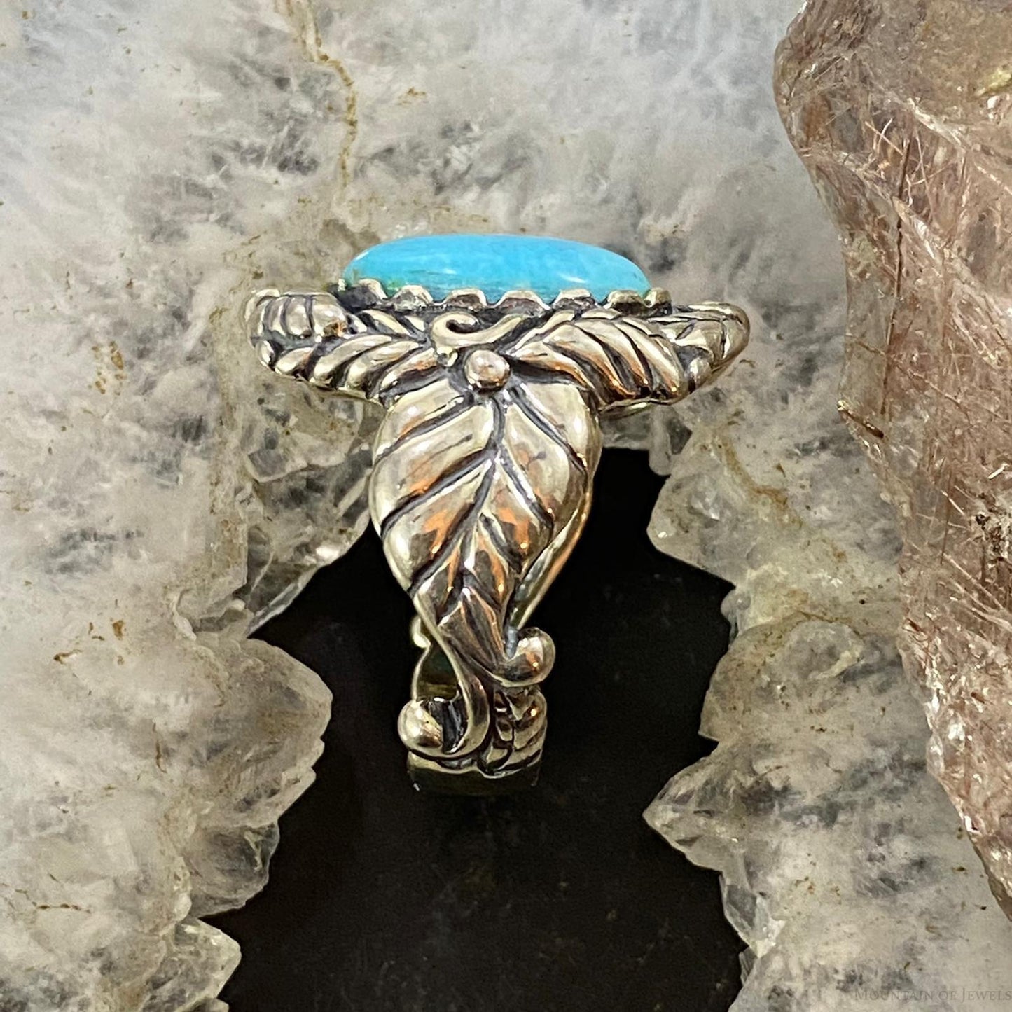Carolyn Pollack Sterling Silver Oval Turquoise Leaf Design Ring Size 7, 8.5