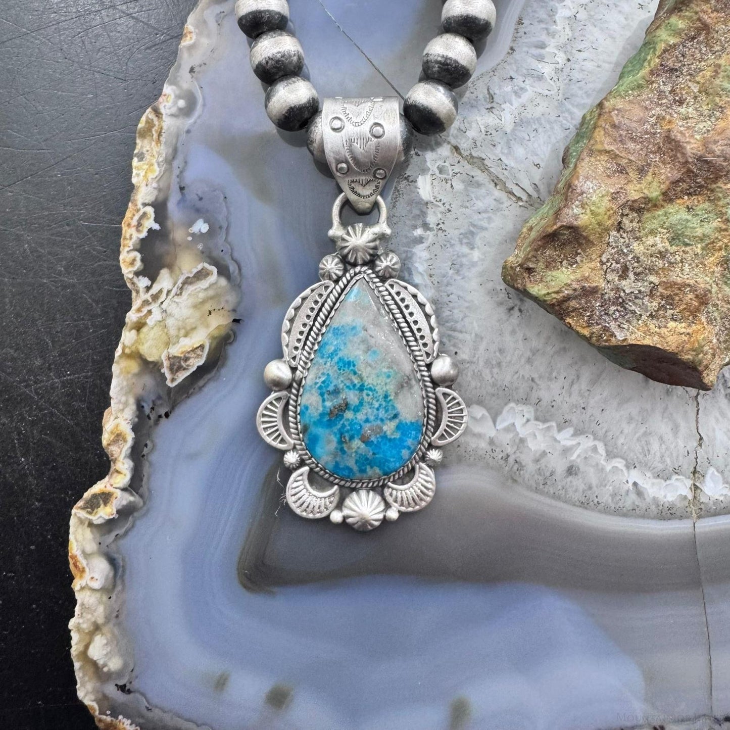 Sterling Silver Southwestern Style Teardrop Iranian Turquoise Decorated Pendant For Women