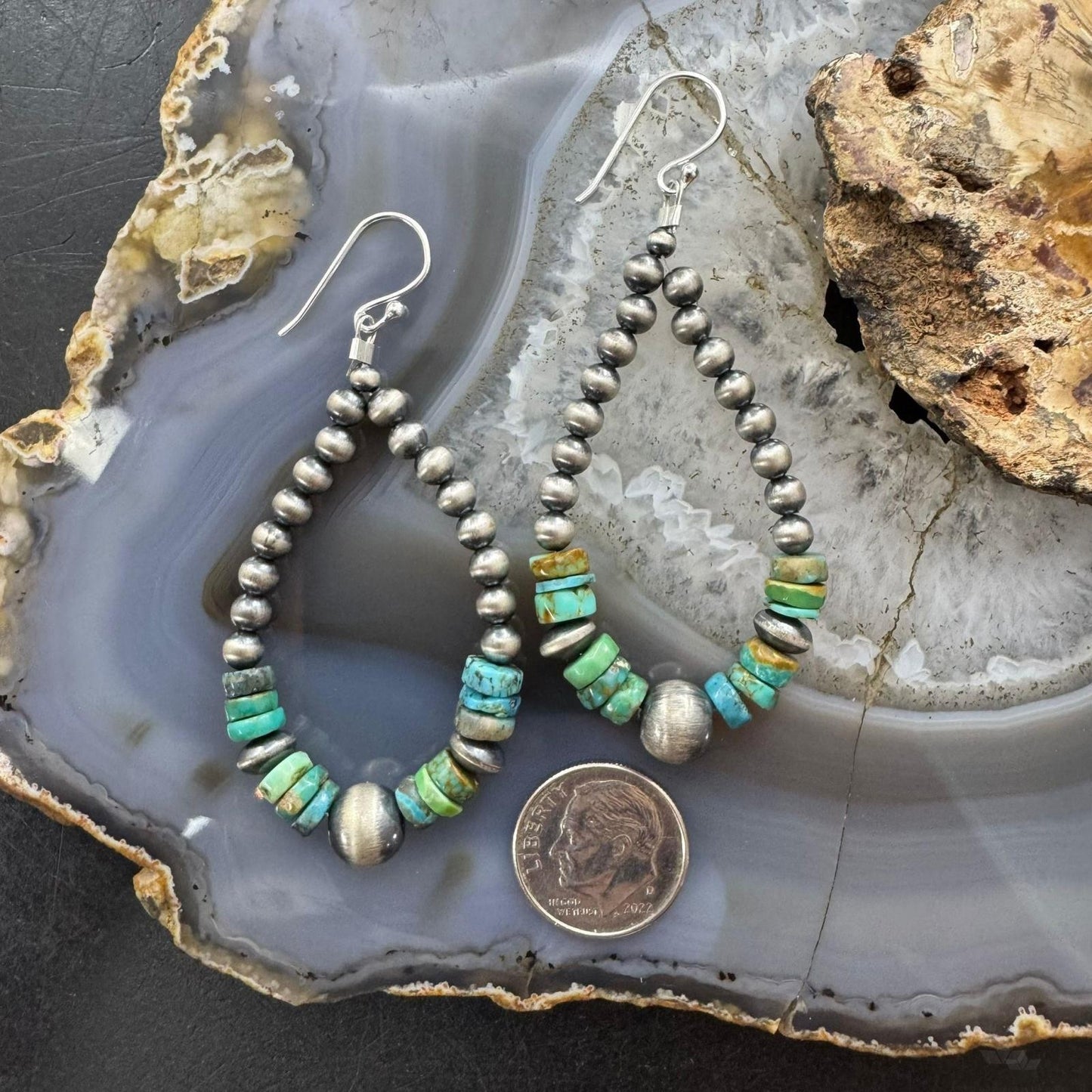 Sterling Silver 4-8mm Navajo Pearl Southwester Style & Turquoise Bead Hoop Earrings For Women