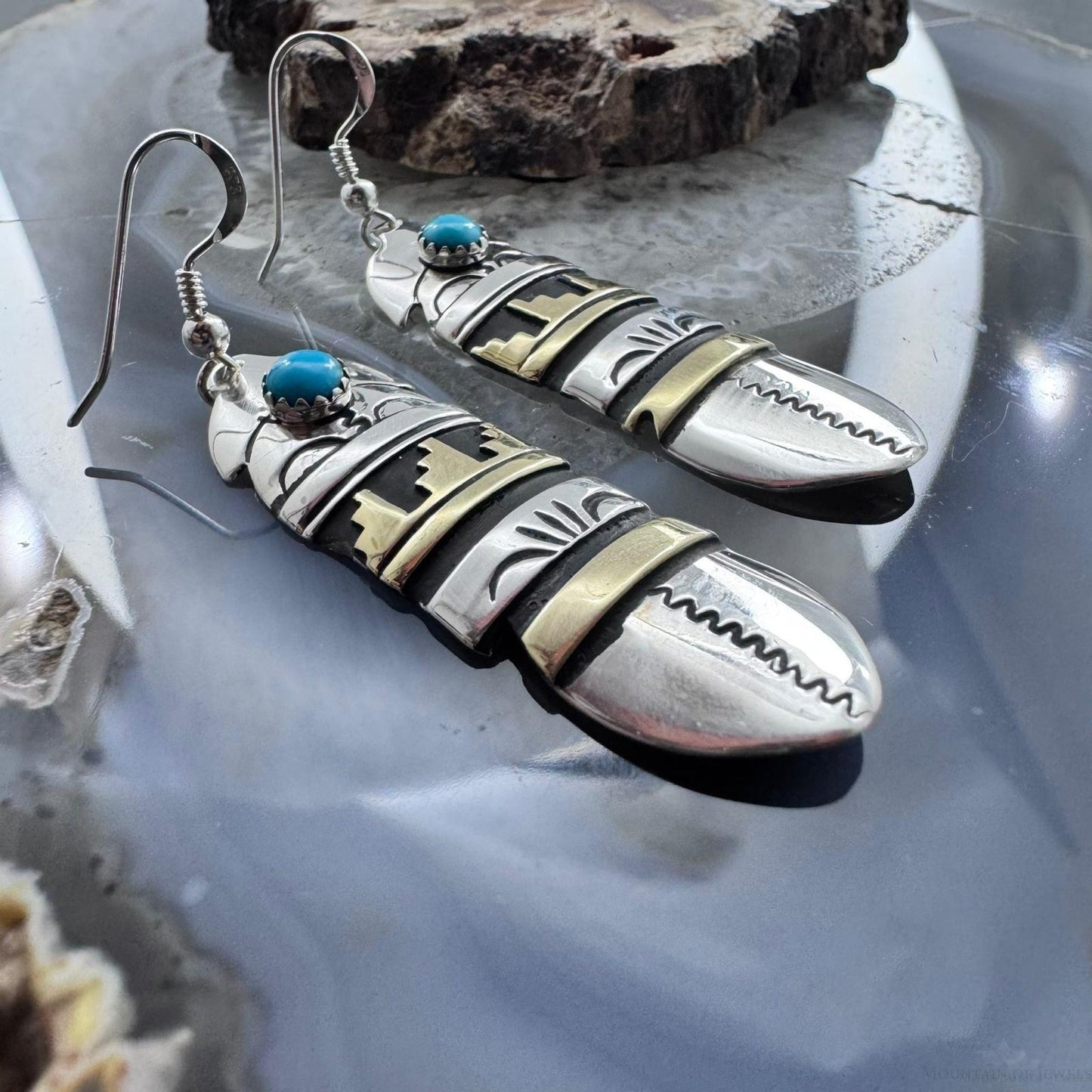 Tommy & Rosita Singer Sterling Silver & Gold Filled Dot Turquoise Feather Dangle Earrings For Women