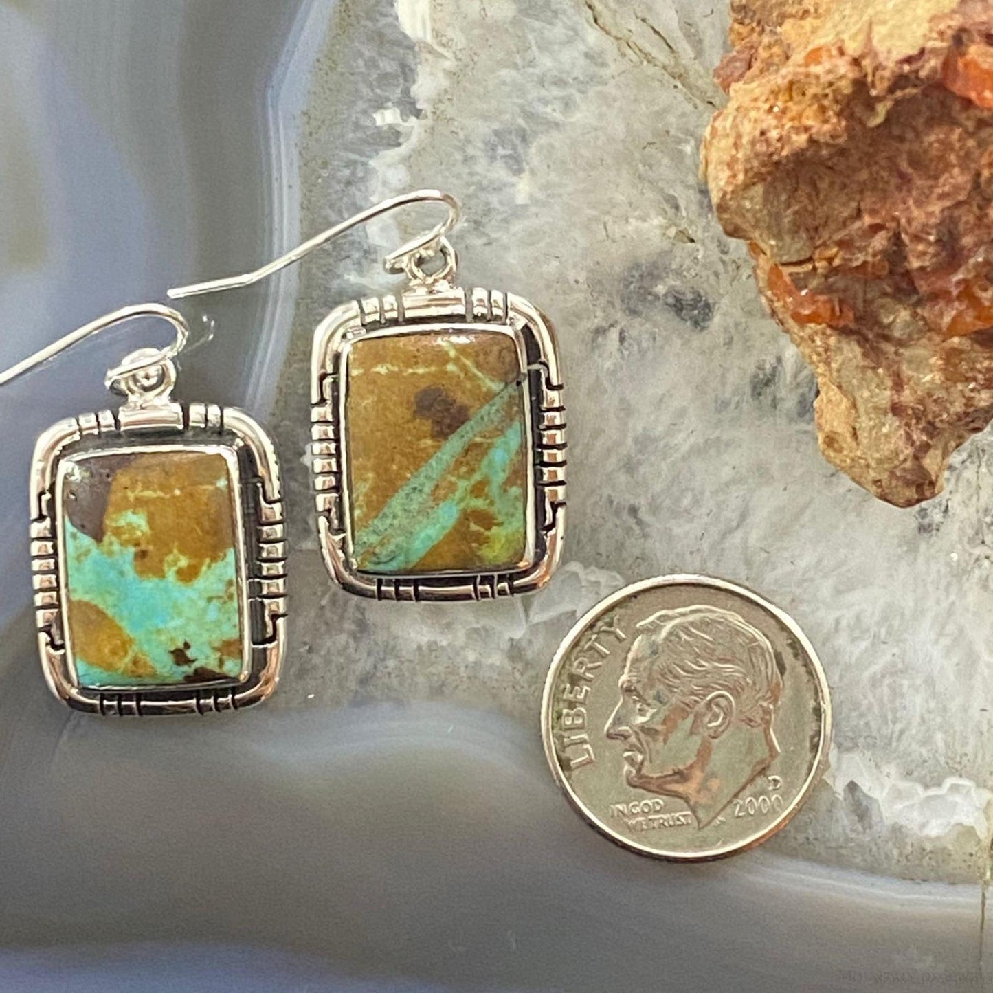 Native American Sterling Silver Boulder Ribbon Turquoise Bar Dangle Earrings For Women