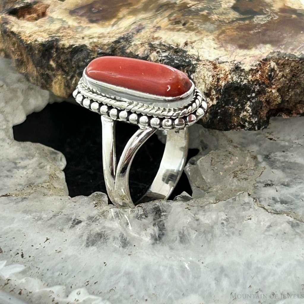 Sterling Silver Southwestern Style Coral Decorated Ring Size 5.75 For Women