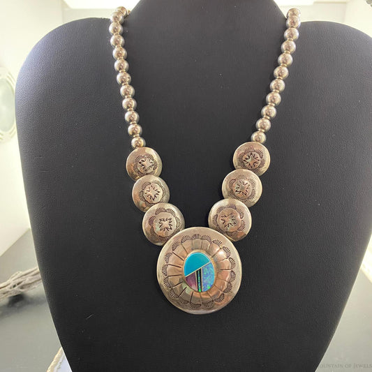 Vintage Native American Sterling Silver Double Side Stone Necklace For Women
