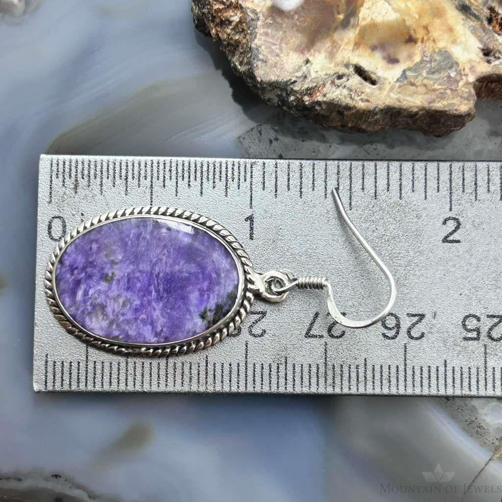 Sterling Silver Southwestern Style Oval Charoite Dangle Earrings For Women