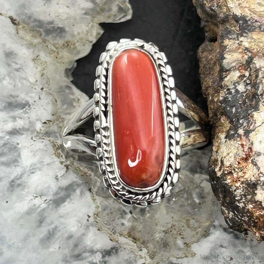 Sterling Silver Southwestern Style Coral Decorated Ring Size 5.75 For Women