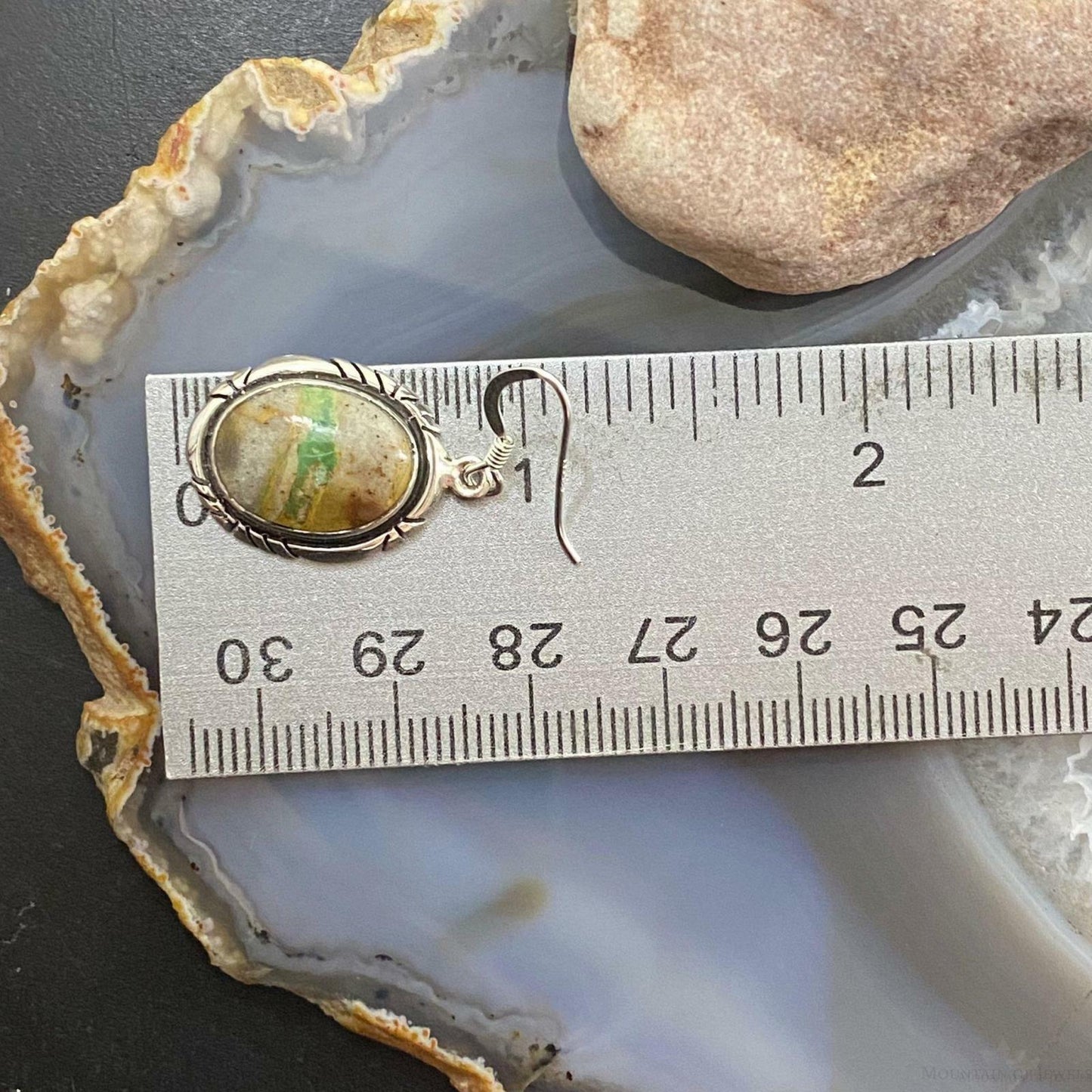 Native American Sterling Silver Oval Boulder Ribbon Turquoise Dangle Earrings