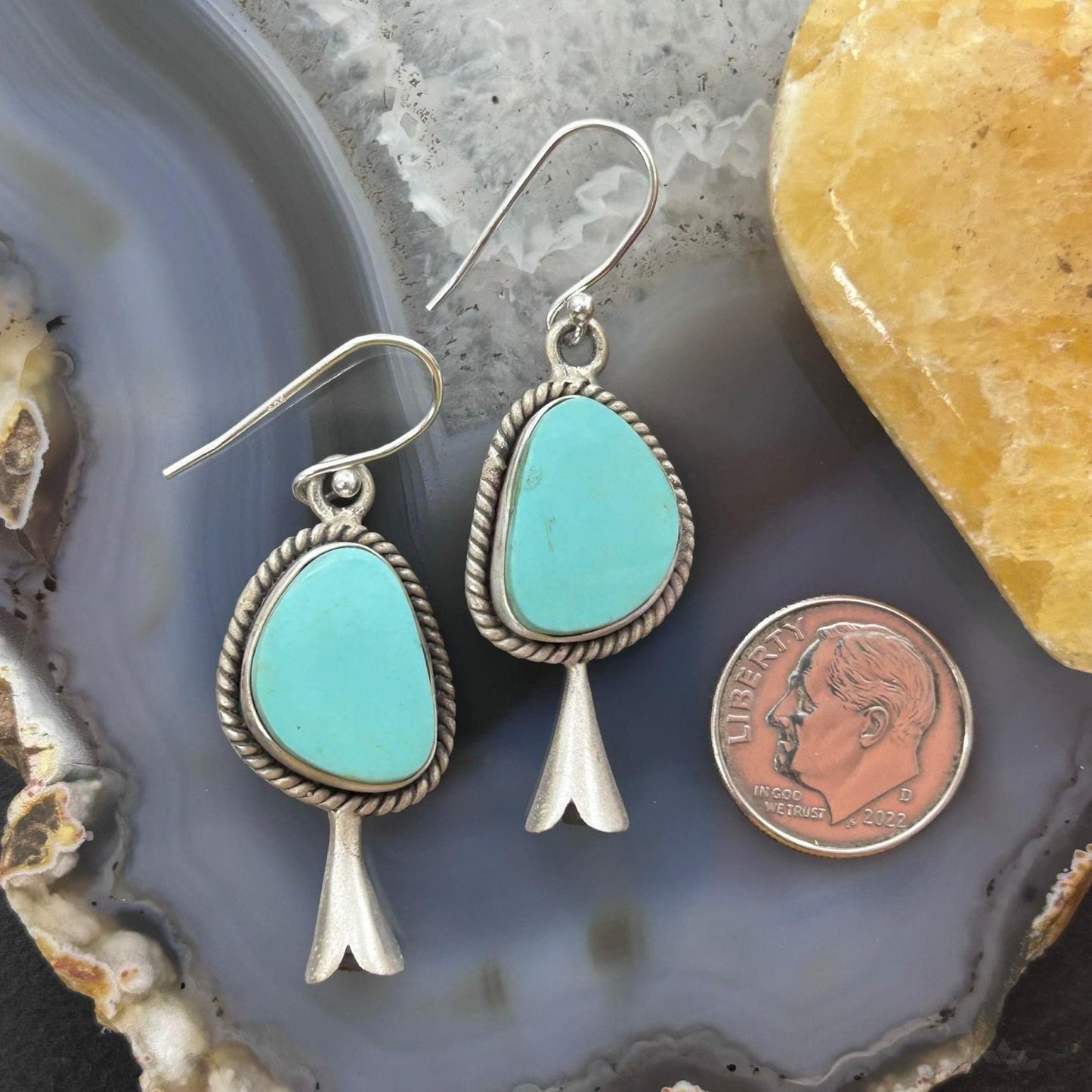 Sterling Silver Southwestern Style Turquoise Squash Blossom Dangle Earrings For Women #3