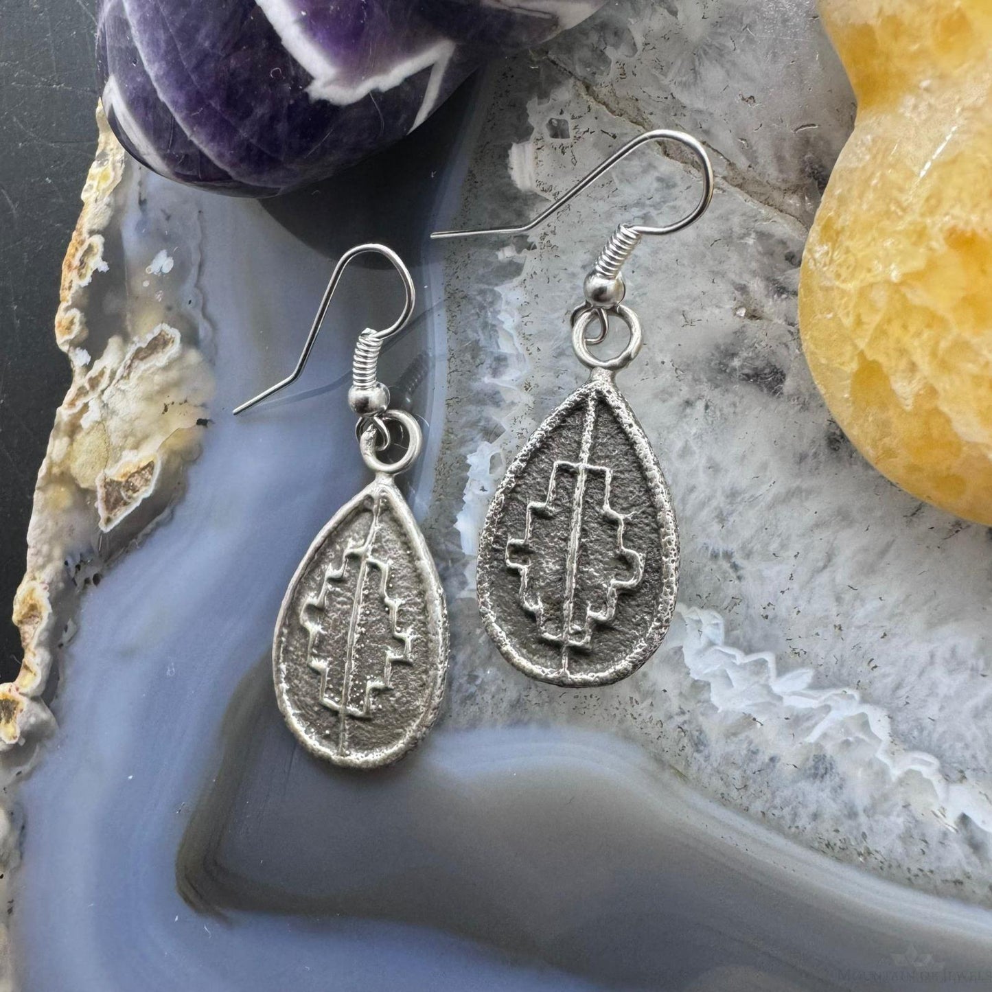 Joel Pajarito Sterling Silver Teardrop Tufa Cast Rug Design Dangle Earrings For Women
