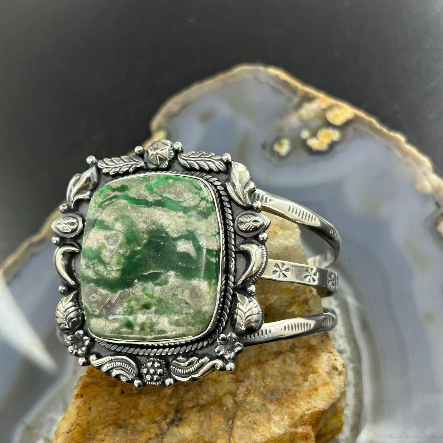 Sterling Silver Southwestern Style Square Variscite Decorated Bracelet For Women