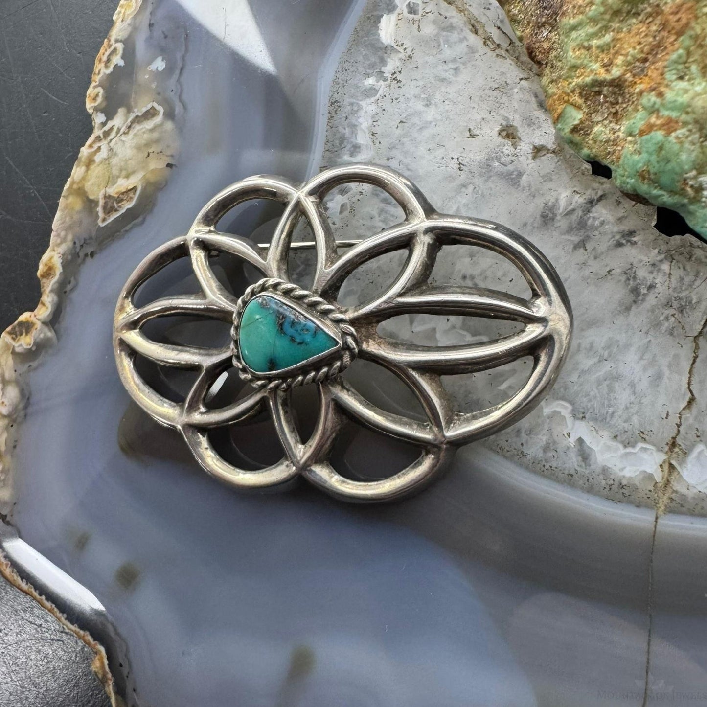Vintage Nellie Tso Native American Silver Turquoise Sand Cast Brooch For Women