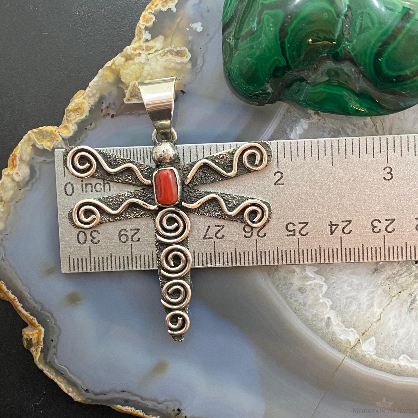 Alex Sanchez Sterling Silver Petroglyph & Coral Dragonfly Unisex Pendant #4