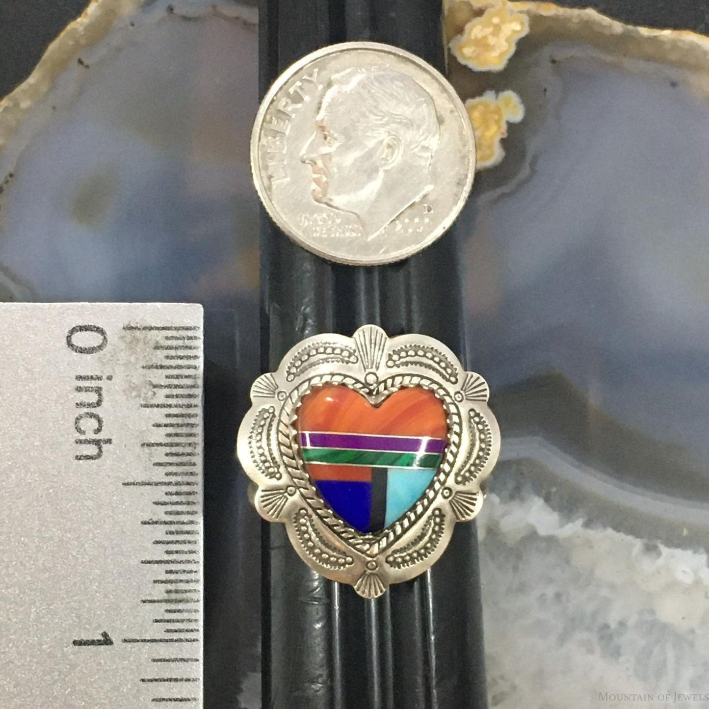 Carolyn Pollack Southwestern Style Sterling Silver Multi-gemstone Zuni Style Inlay Heart Ring For Women