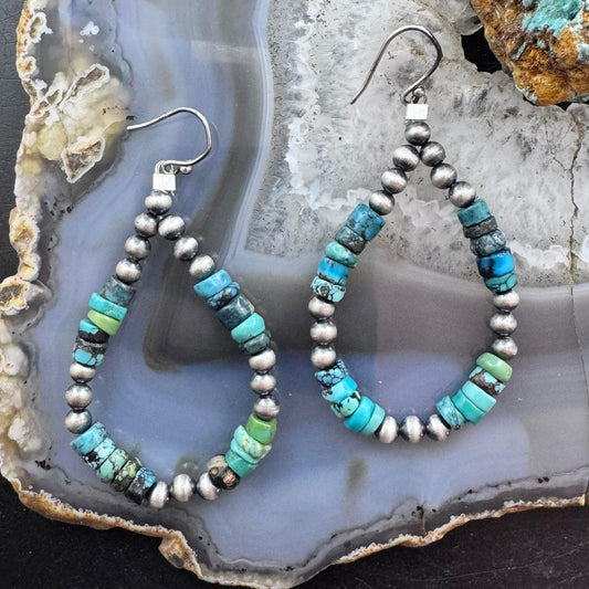 Sterling Silver Southwestern Style Navajo Pearl & Turquoise Bead Hoop Earrings For Women