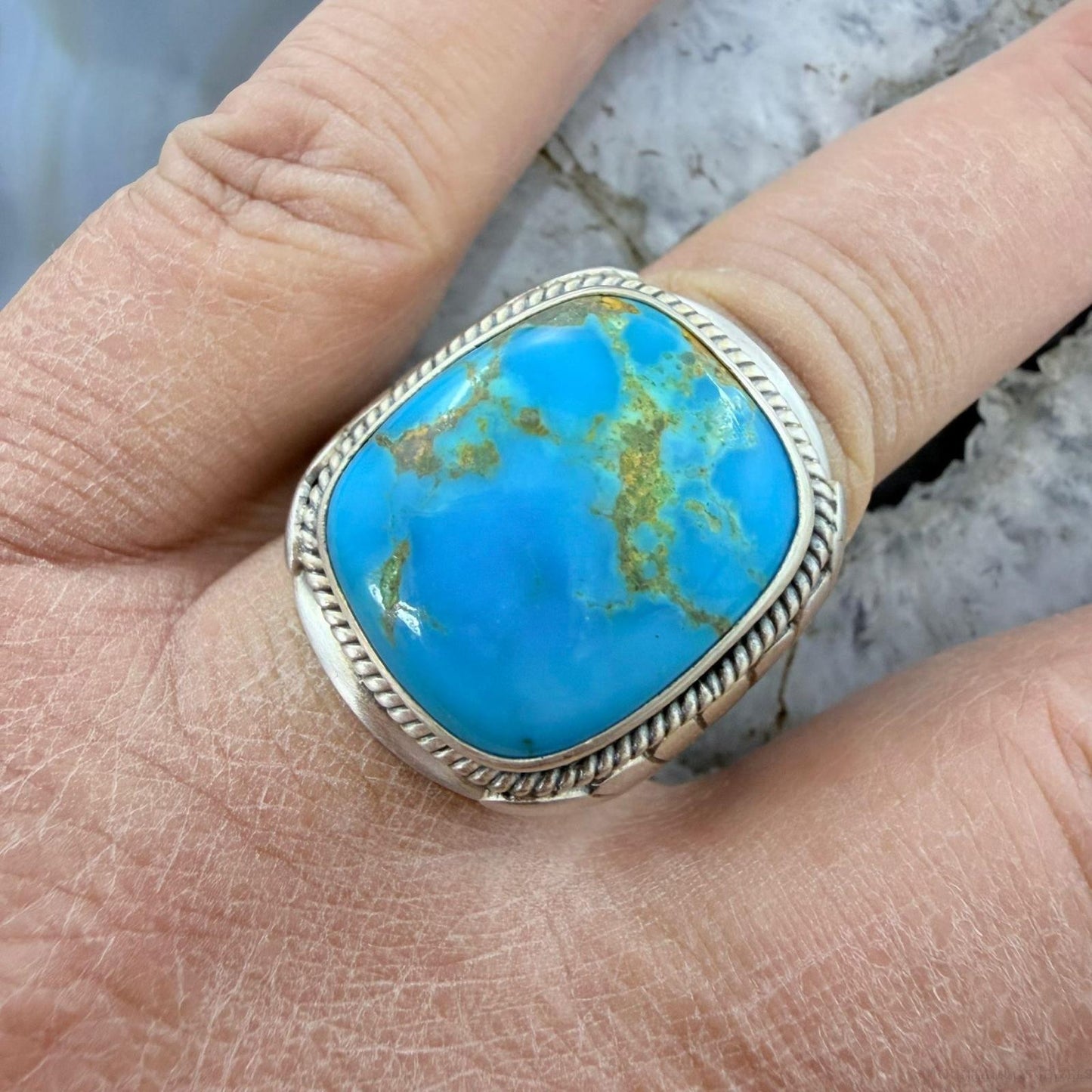 Native American Sterling Silver Square Kingman Turquoise Shield Ring Size 11.25 For Men