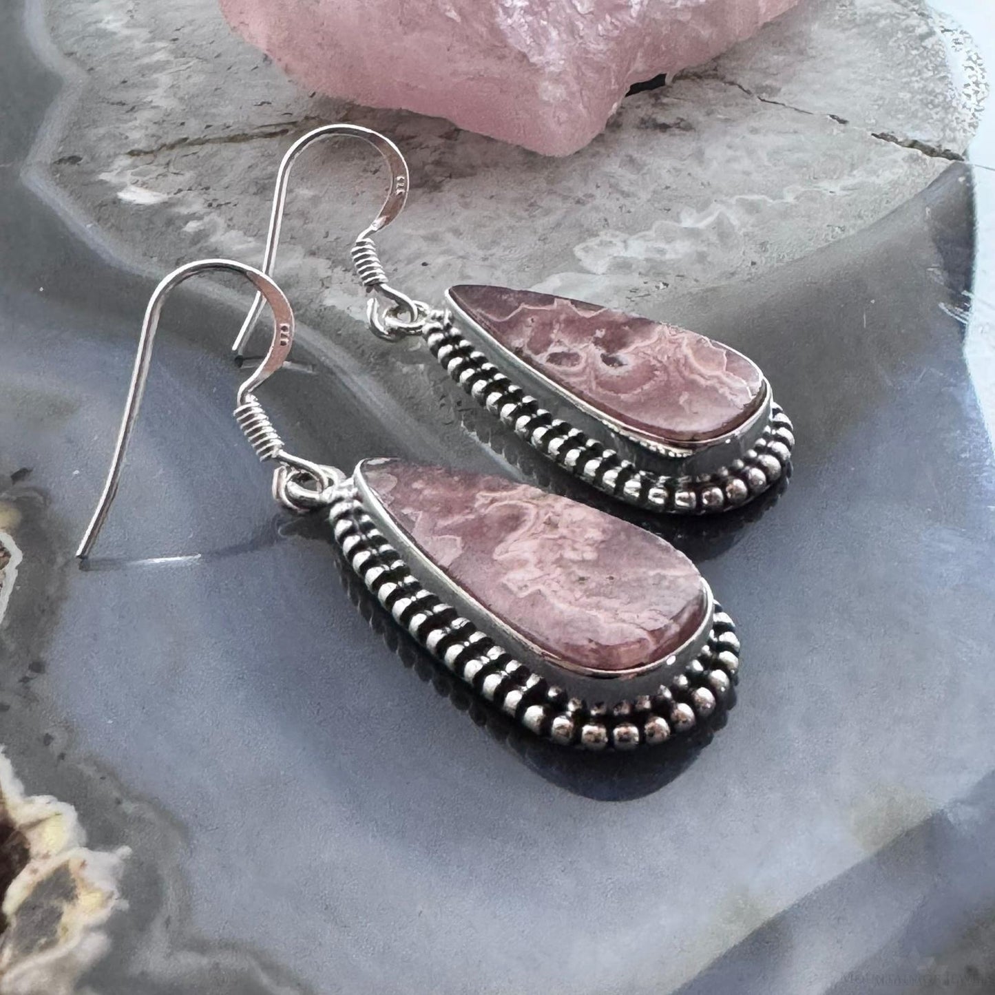 Sterling Southwestern Style Teardrop Rhodochrosite Dangle Earrings For Women