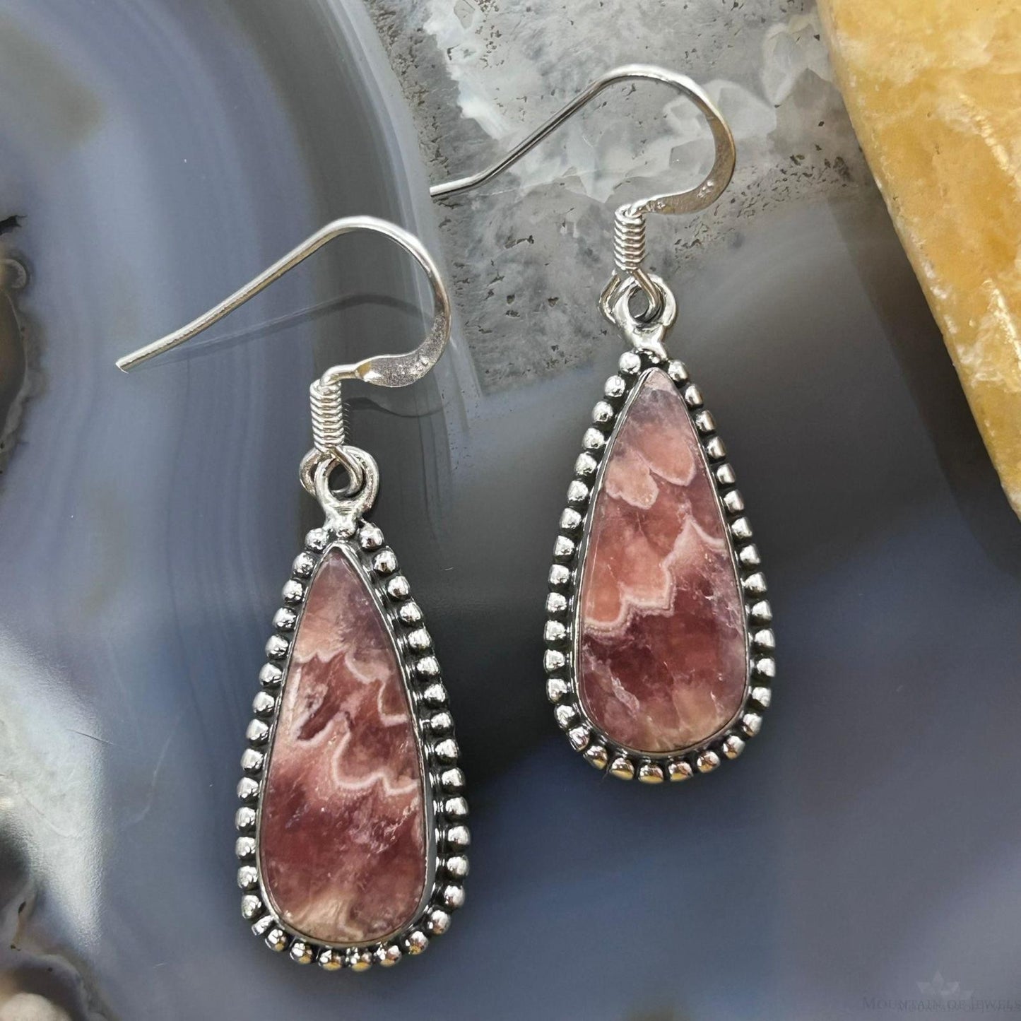 Sterling Silver Southwestern Style Teardrop Rhodochrosite Dangle Earrings For Women