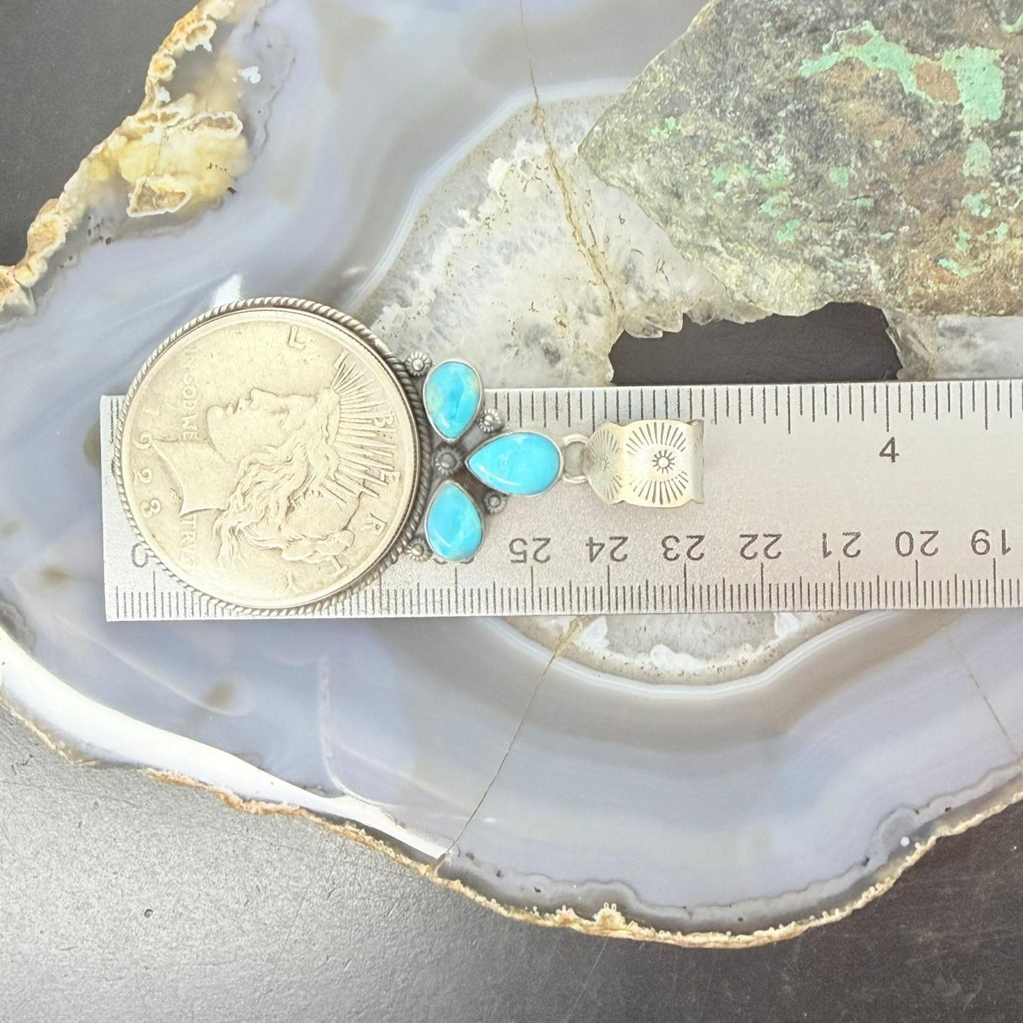 Genuine 1923 90% Peace Silver Dollar Coin Teardrop Turquoise Decorated Pendant