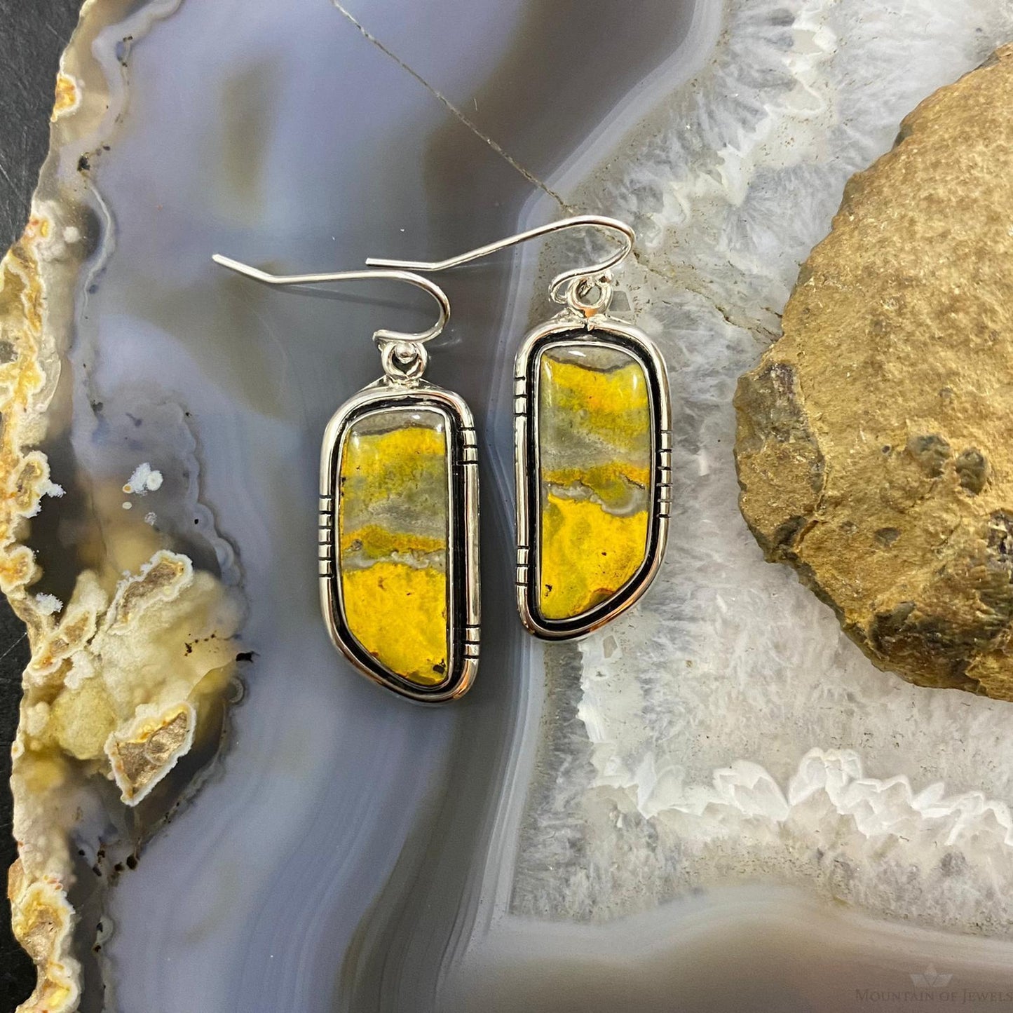 Native American Sterling Silver Bumblebee Jasper Dangle Earrings For Women