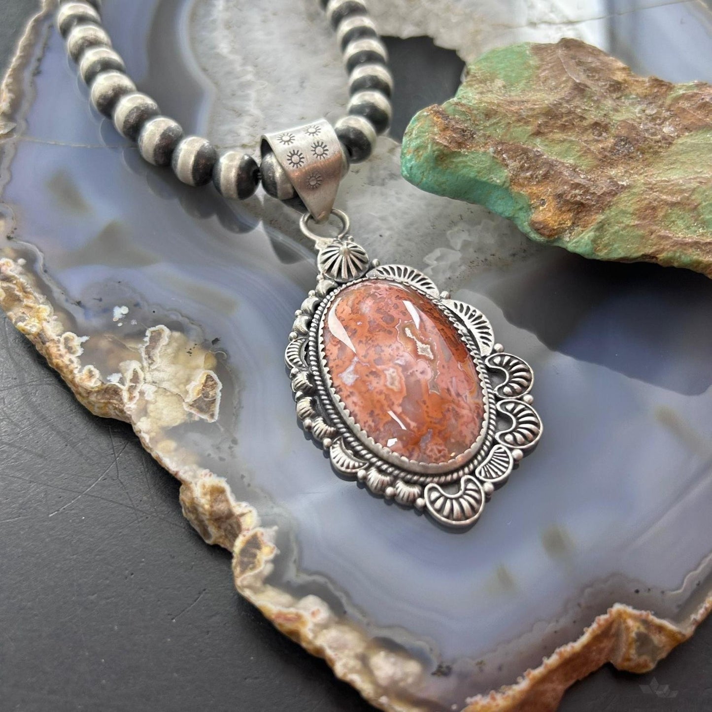 Sterling Silver Southwestern Style Oval Red Plum Jasper Decorated Pendant For Women