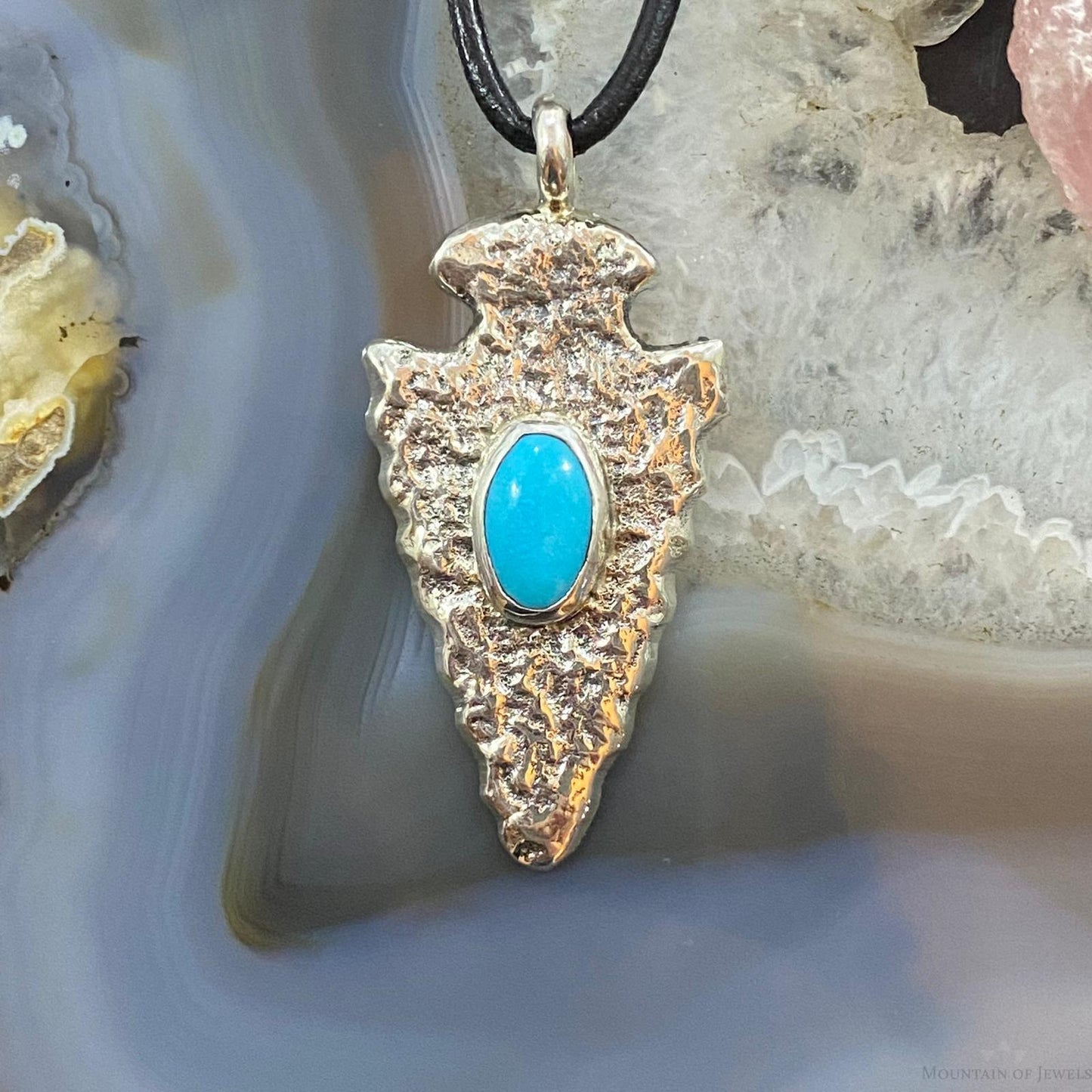 Gary Custer Navajo Sterling Silver Tufa Cast Turquoise Arrowhead Uni Pendant #3