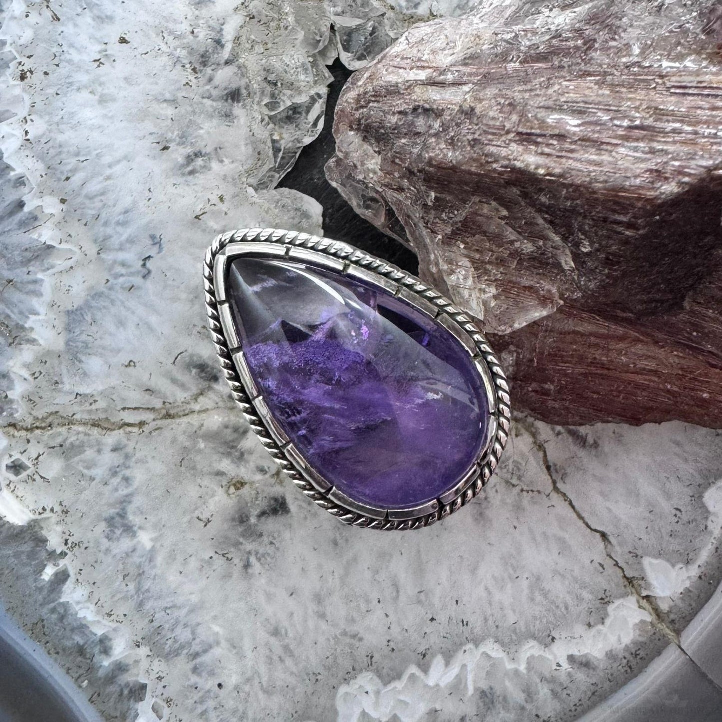 Sterling Silver Southwestern Style Teardrop Amethyst Decorated Ring Size 7 For Women