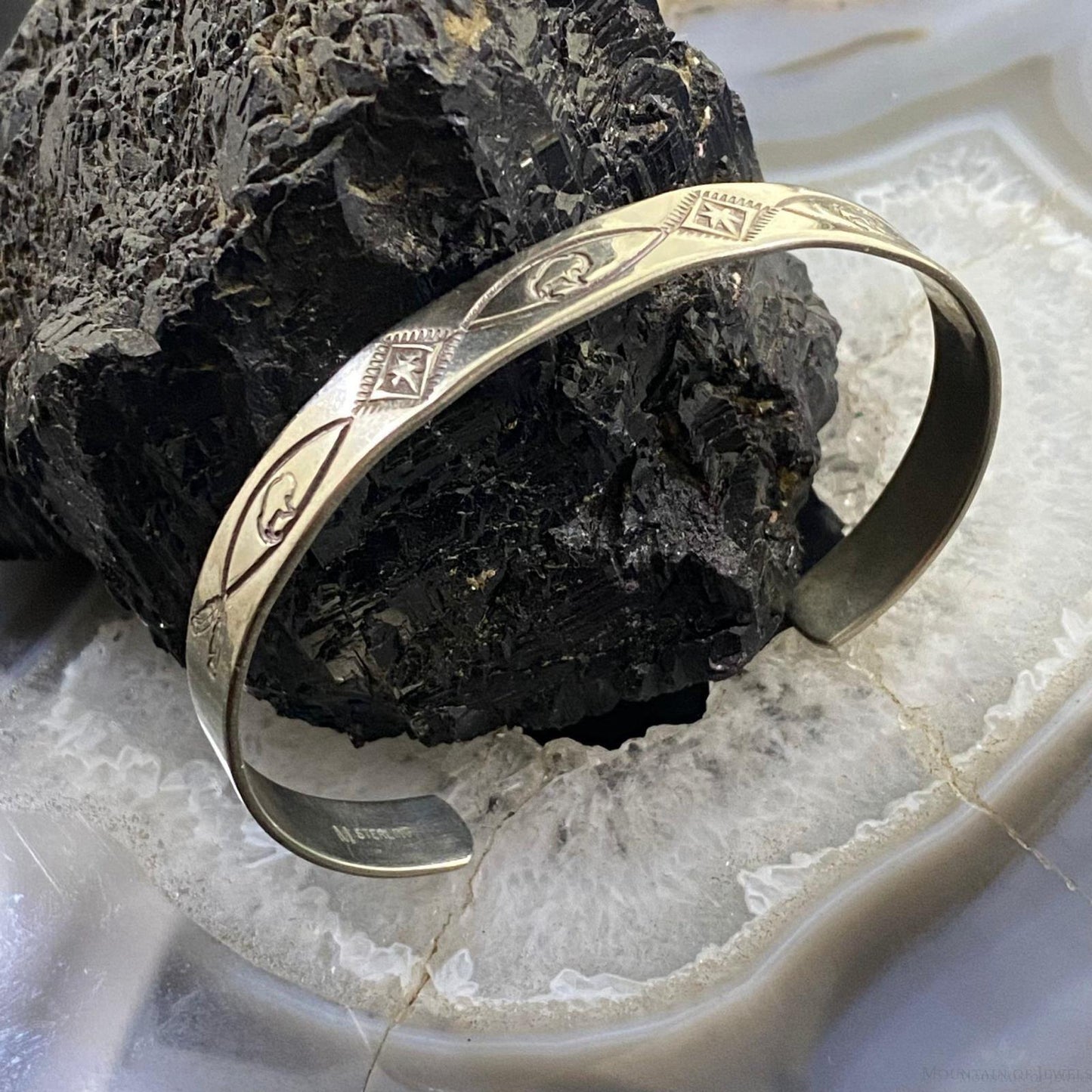 Signed Native American Sterling Silver Stamped Stackable Bracelet For Women #2