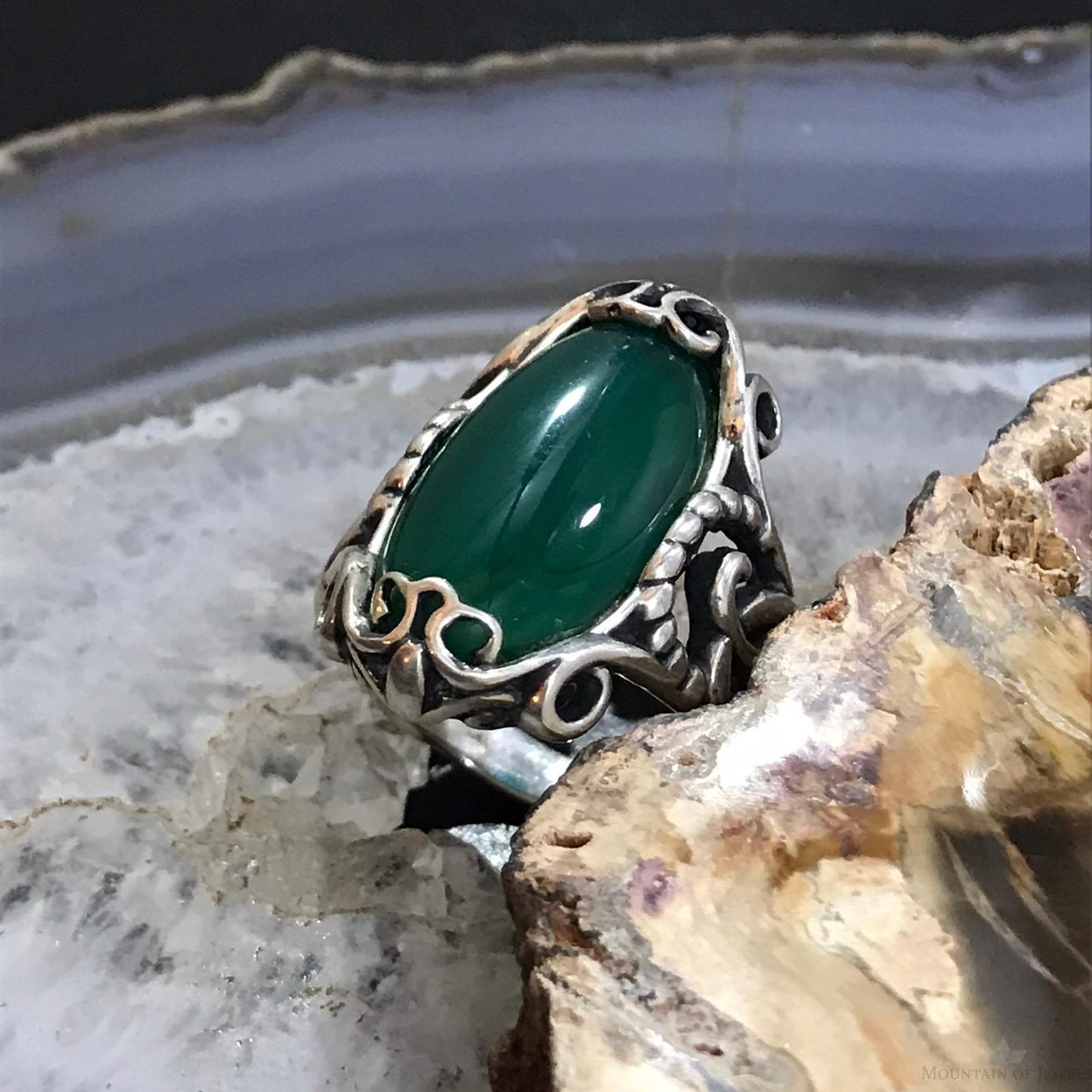 Carolyn Pollack Sterling Silver Oval Green Chalcedony Decorated Ring Size 9 For Women