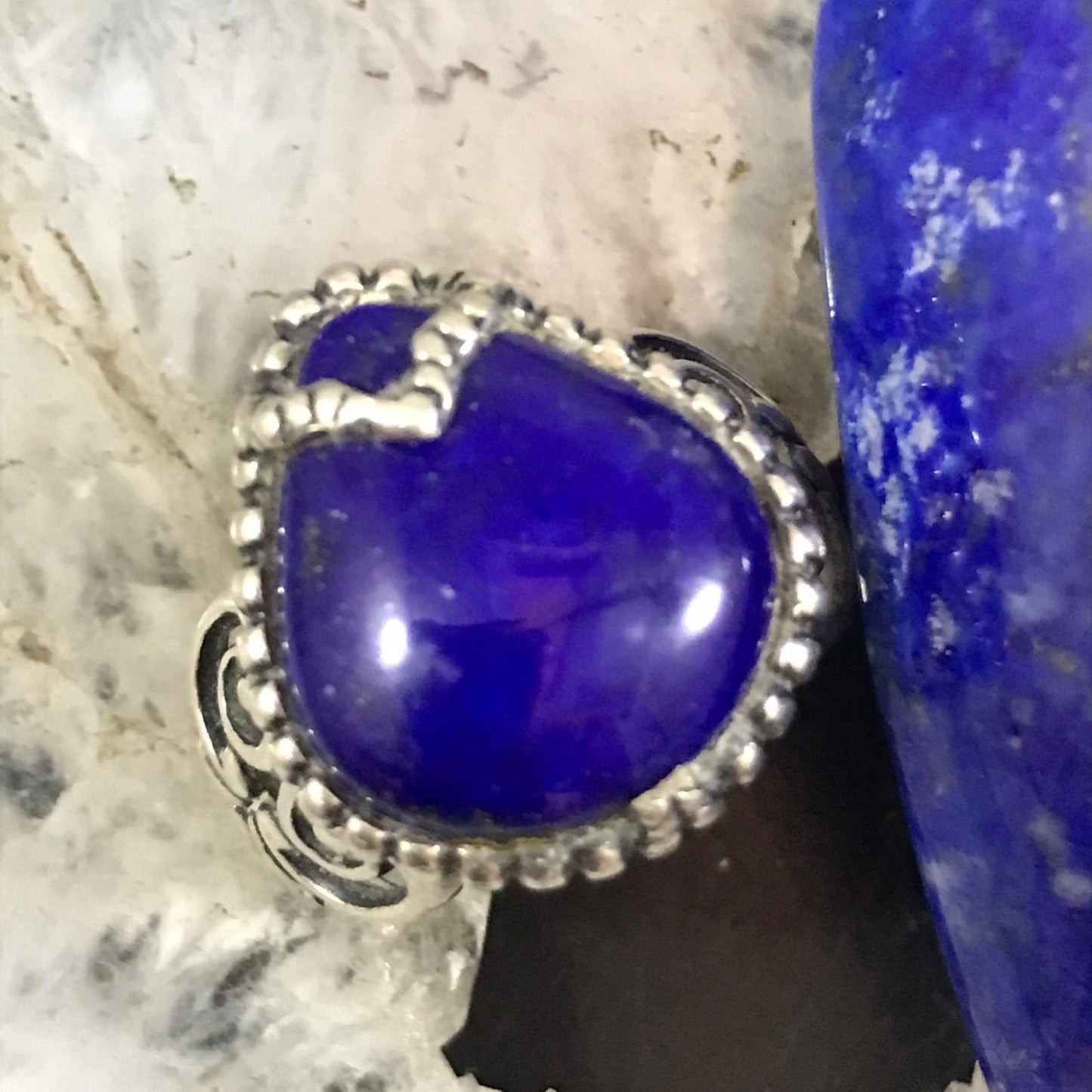 Carolyn Pollack Sterling Silver Wide Pear Lapis Decorated Ring Size 6.5 For Women