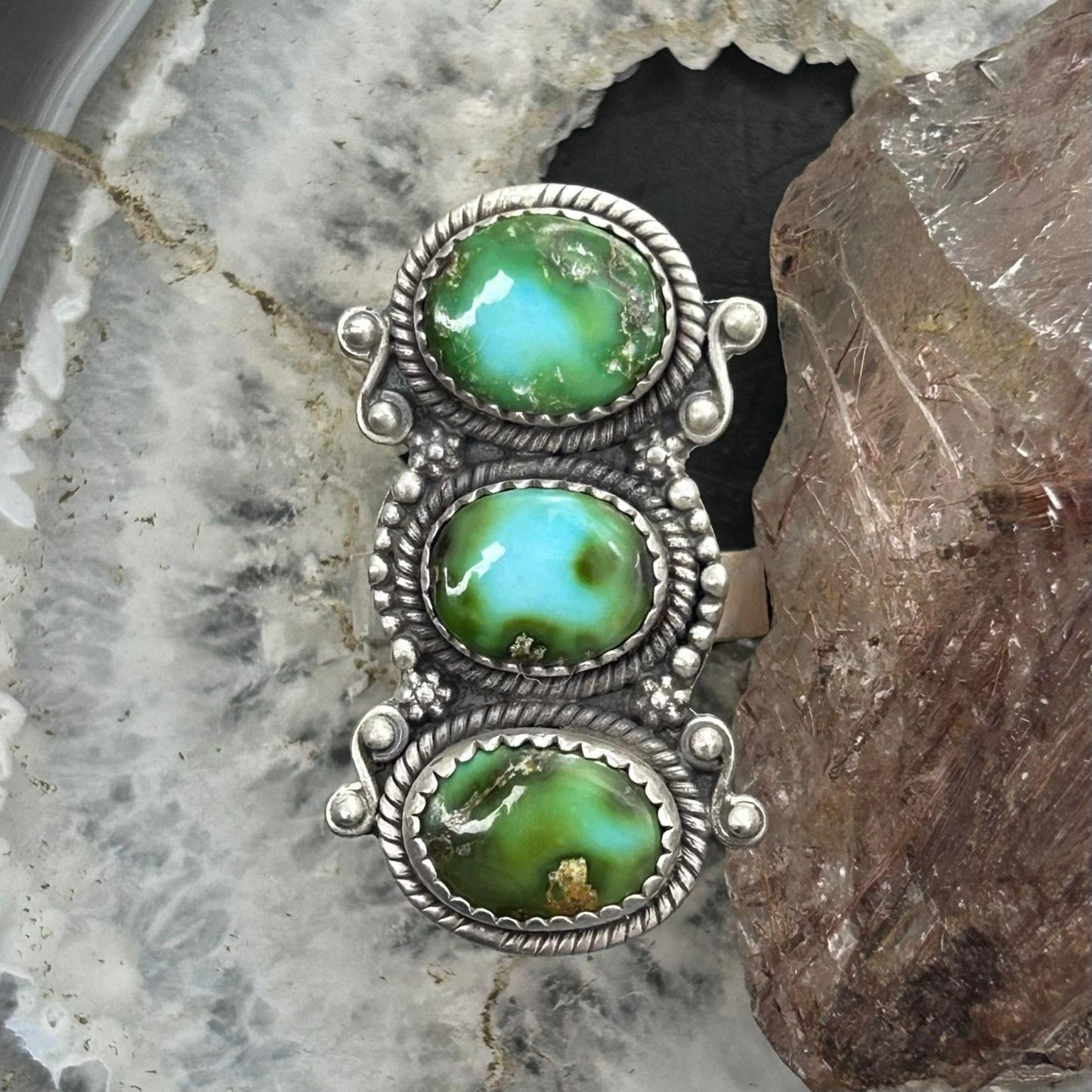 Sterling Silver Southwestern Style 3 Sonora Gold Turquoise Adjustable Ring For Women