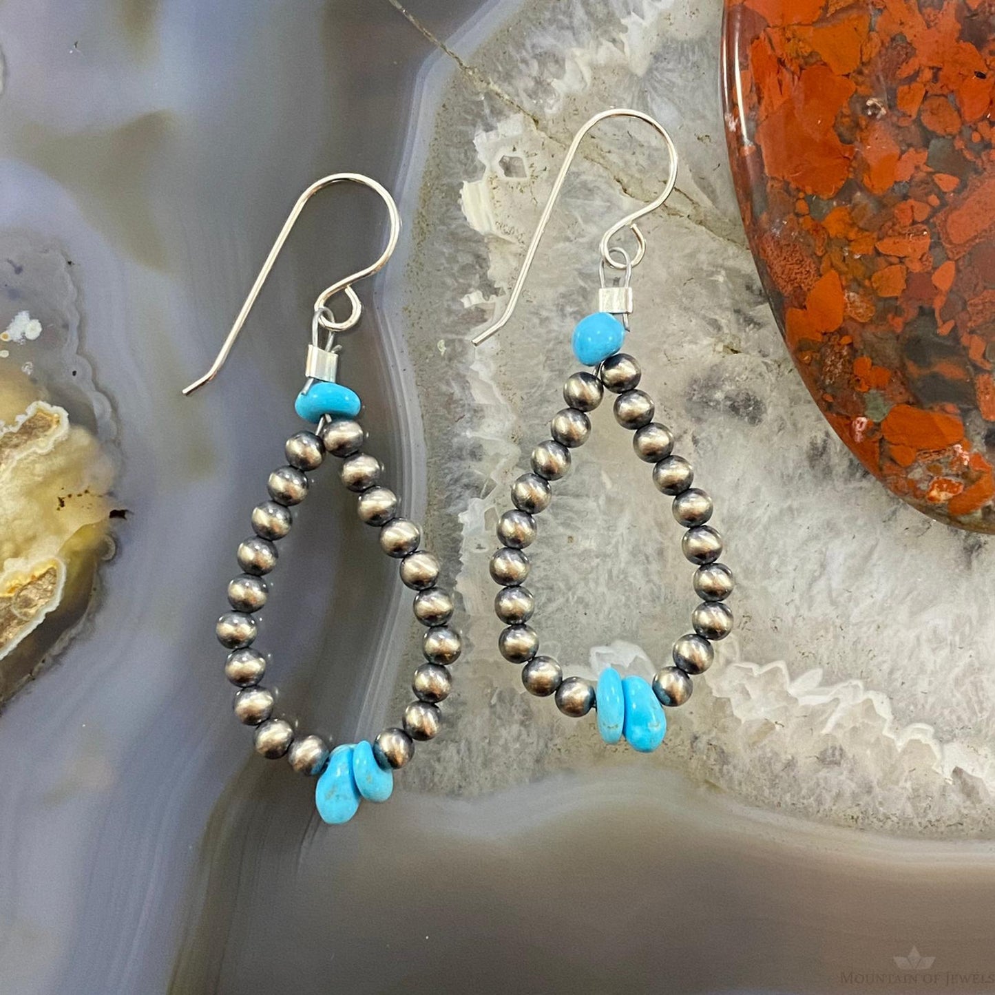 Navajo Pearl Beads 3mm & Turquoise Sterling Silver Teardrop Hoop Earrings