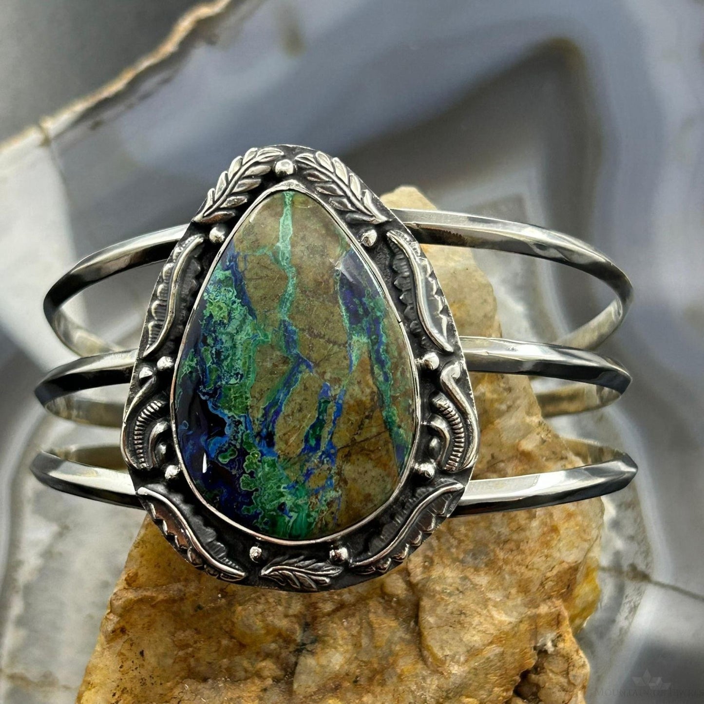 Sterling Silver Southwestern Style Large Teardrop Azurite Malachite Bracelet For Women